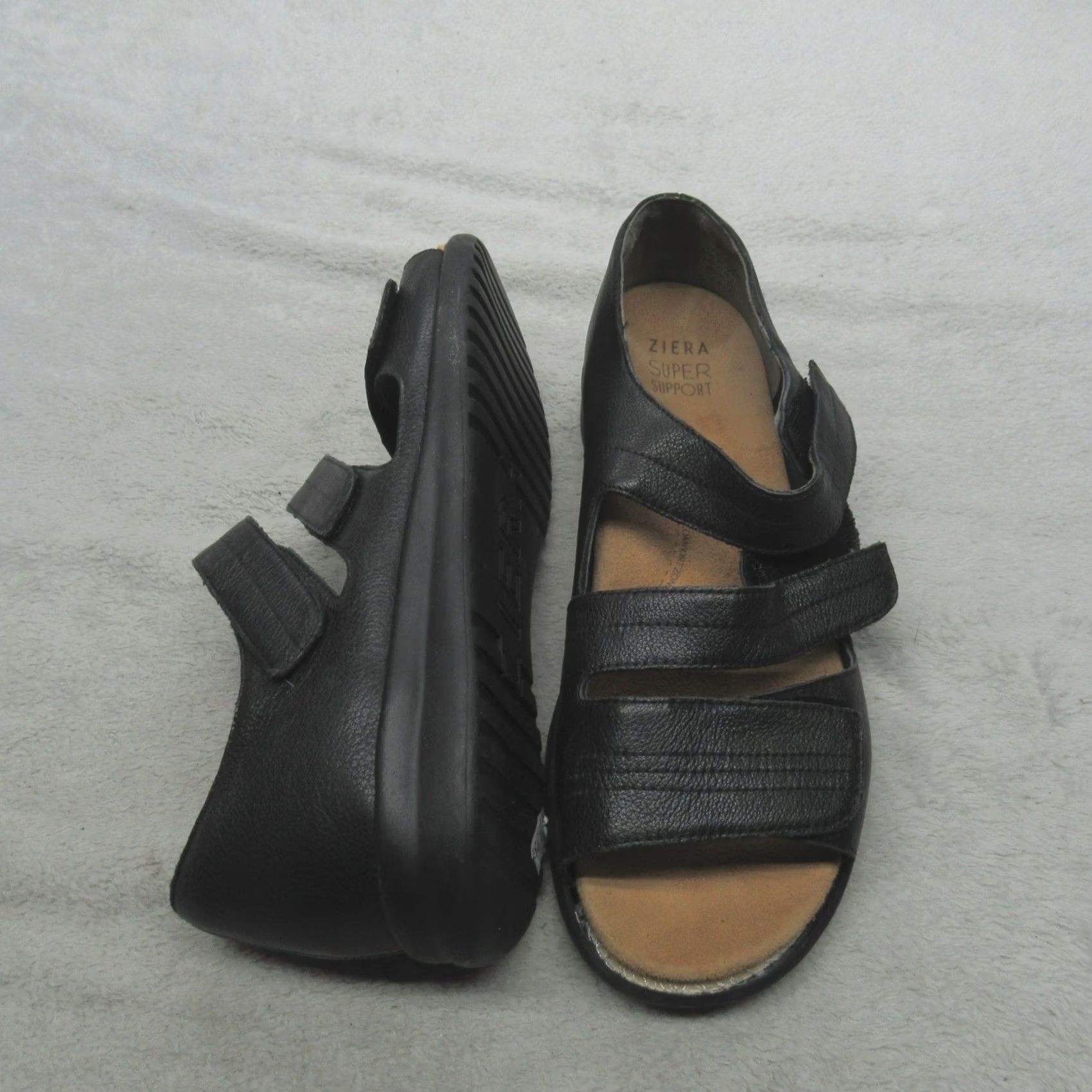 Vintage Ziera Women Sandals Black Leather Super Support Adjustable Strap Hook & Loop Flat Open Toe Size US 11 / IT 41 - 2 Thumbnail