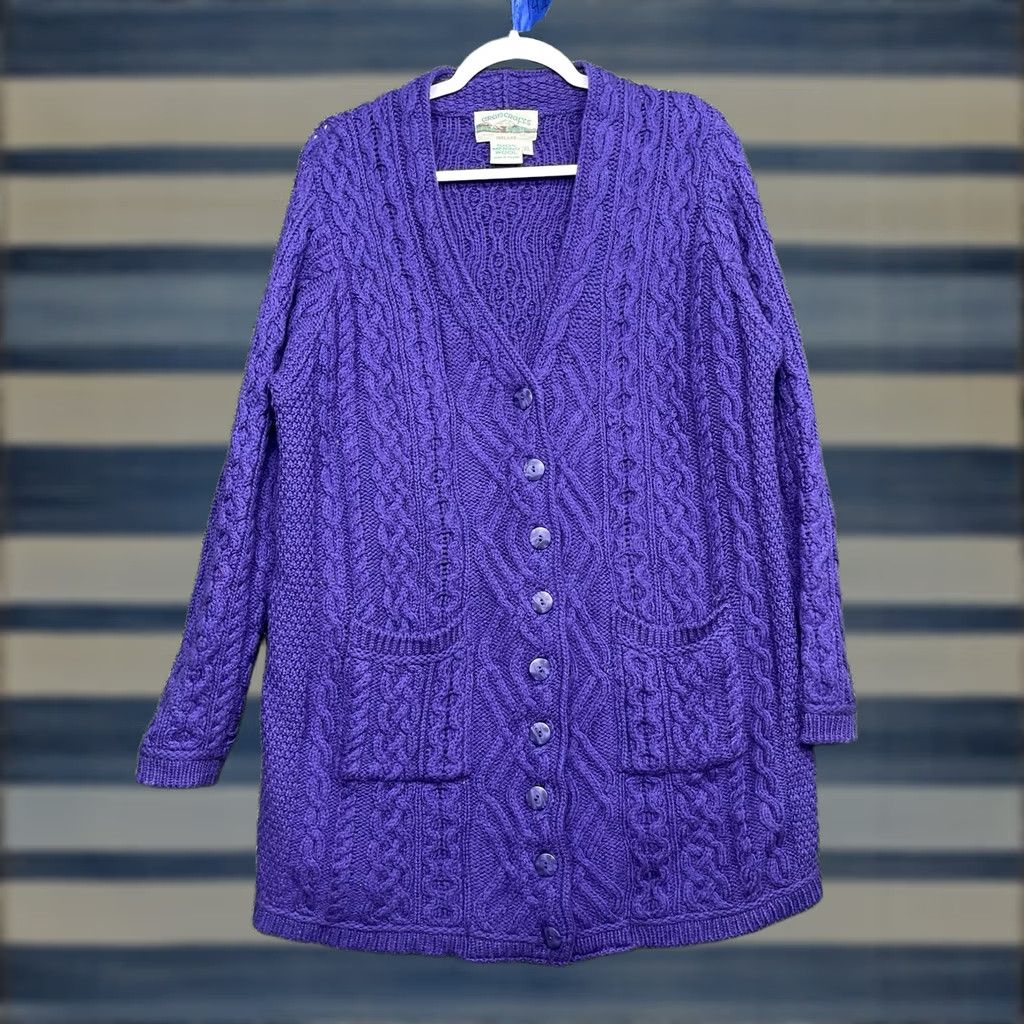Vintage Aran Crafts Cardigan Sweater Womens XL 100% Merino Wool Purple Knit 90s Ir​ish Vintage? (But must be exact) Size XL / US 12-14 / IT 48-50 - 1 Thumbnail