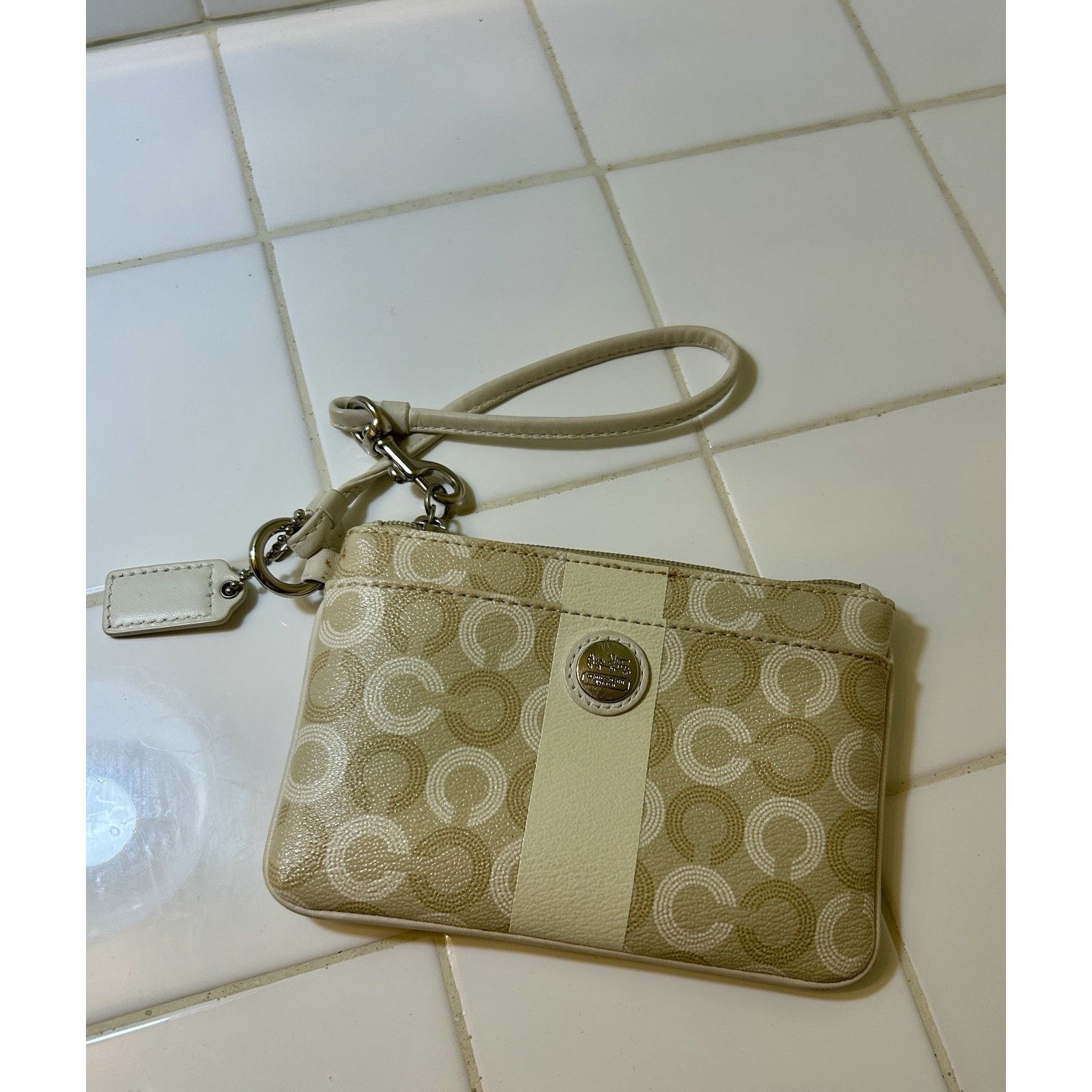 Coach Coach Leather Pouch Beige Cream C with Handle Strap 4 x 6" Size ONE SIZE - 1 Thumbnail