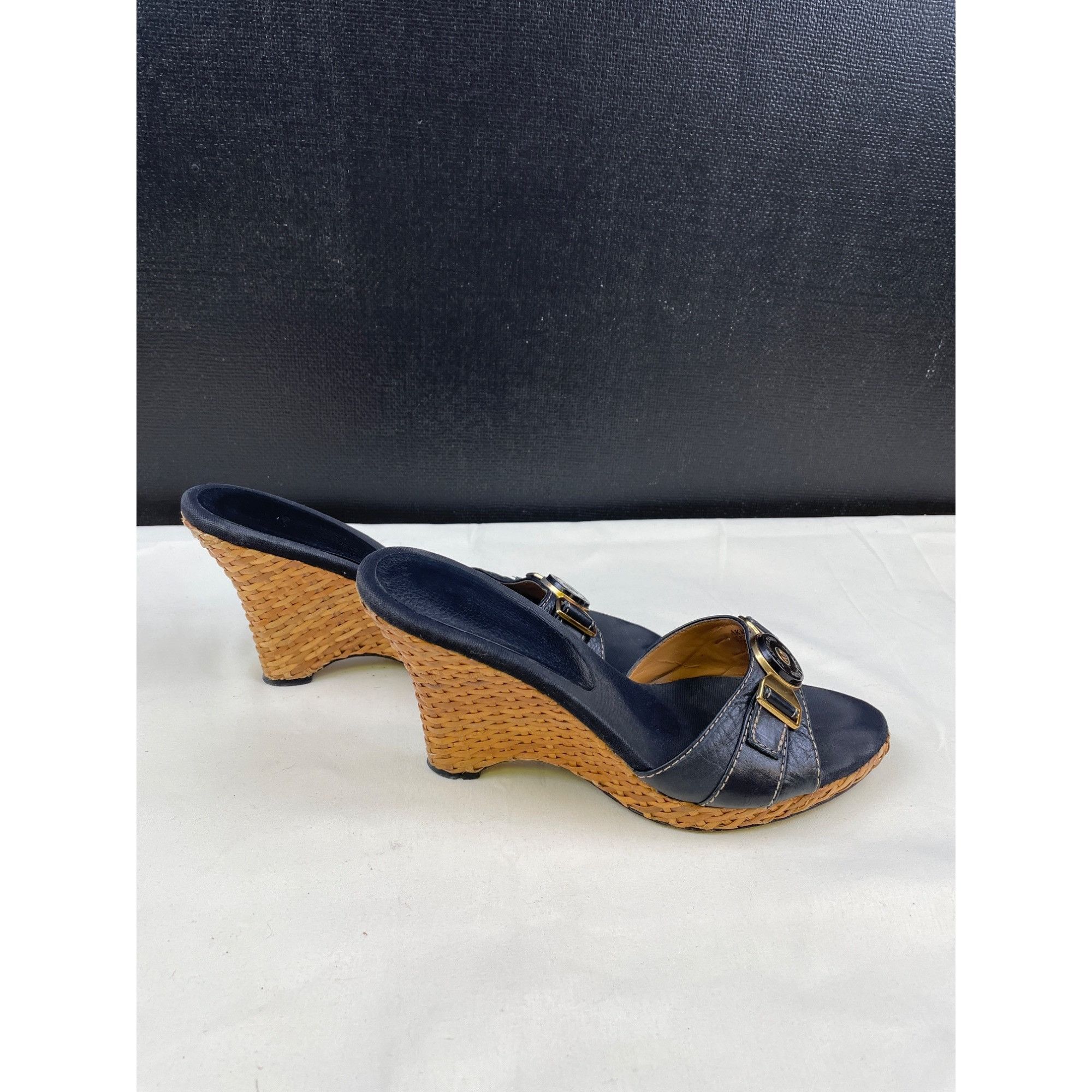 Anne Klein Anne Klein Women's Black Leather Wedged Heel 3.75" Sandals/S Size US 8 / IT 38 - 4 Thumbnail