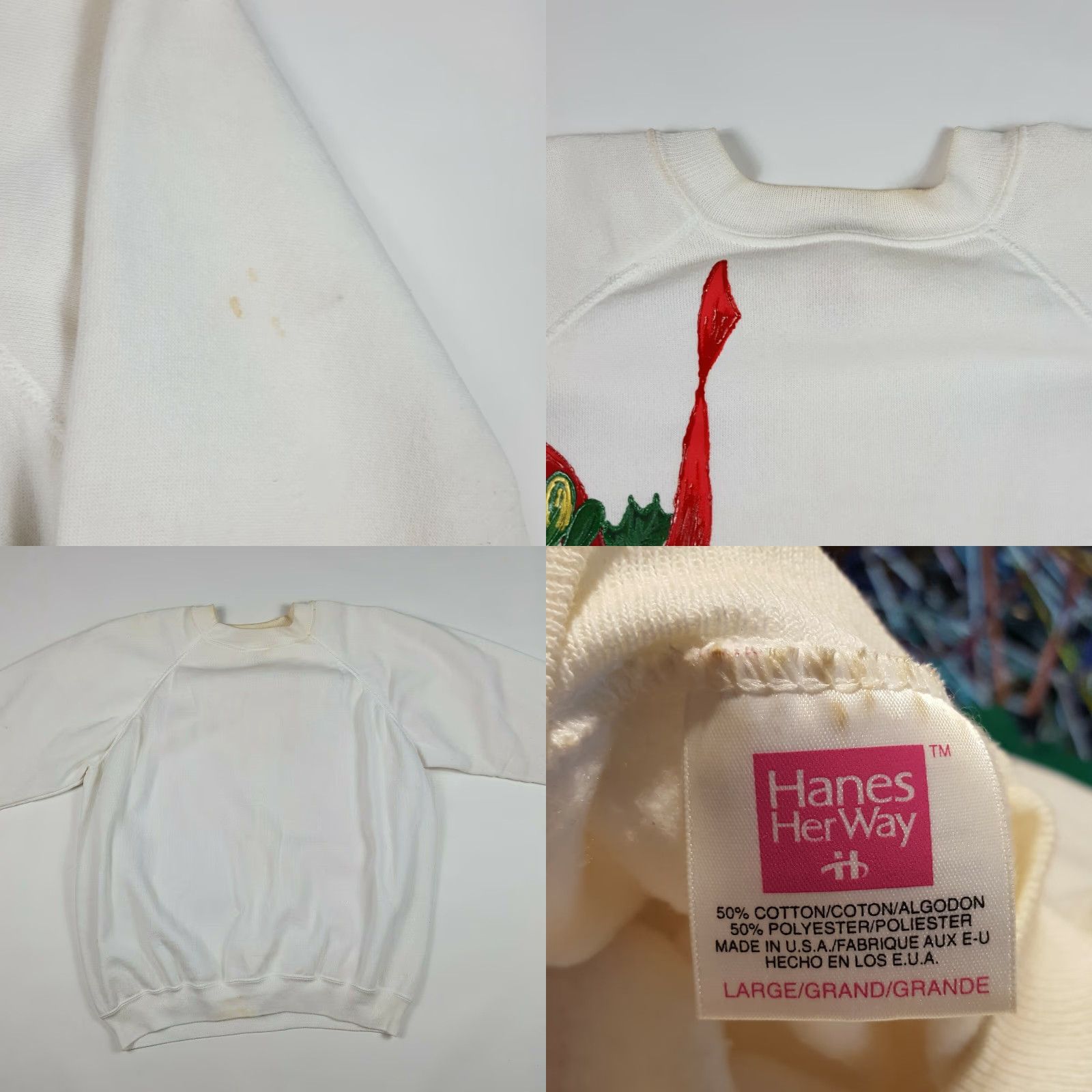 Hanes VINTAGE Hanes Sweatshirt Christmas Candy Cane Women's L Raglan Crewneck 90s Holiday White Knit Cotton Blend All Seasons Graphic Print Size L / US 10 / IT 46 - 8 Thumbnail