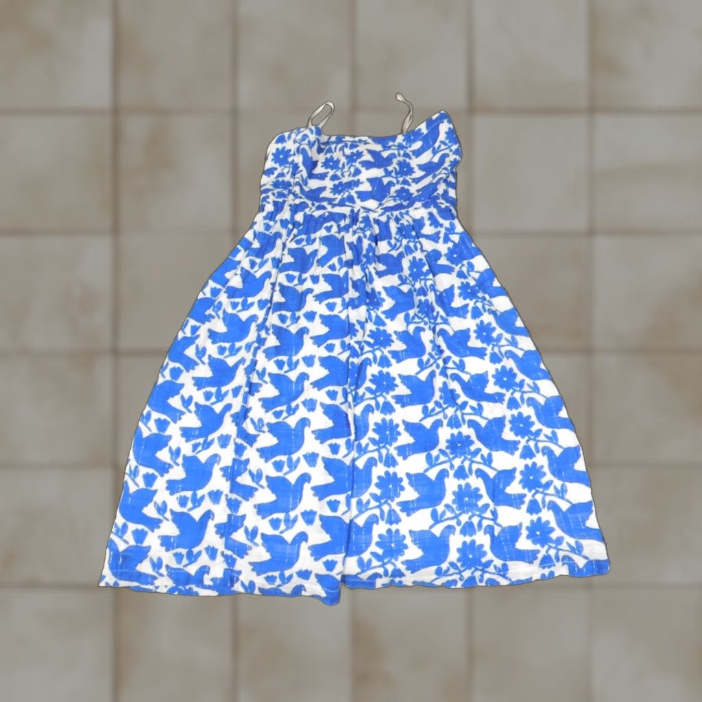 Old Navy Womens Dress A-Line 4 Blue Sleeveless Zip Ruffles Spaghetti Straps Knee Length Casual Bird Pattern (Size Small)