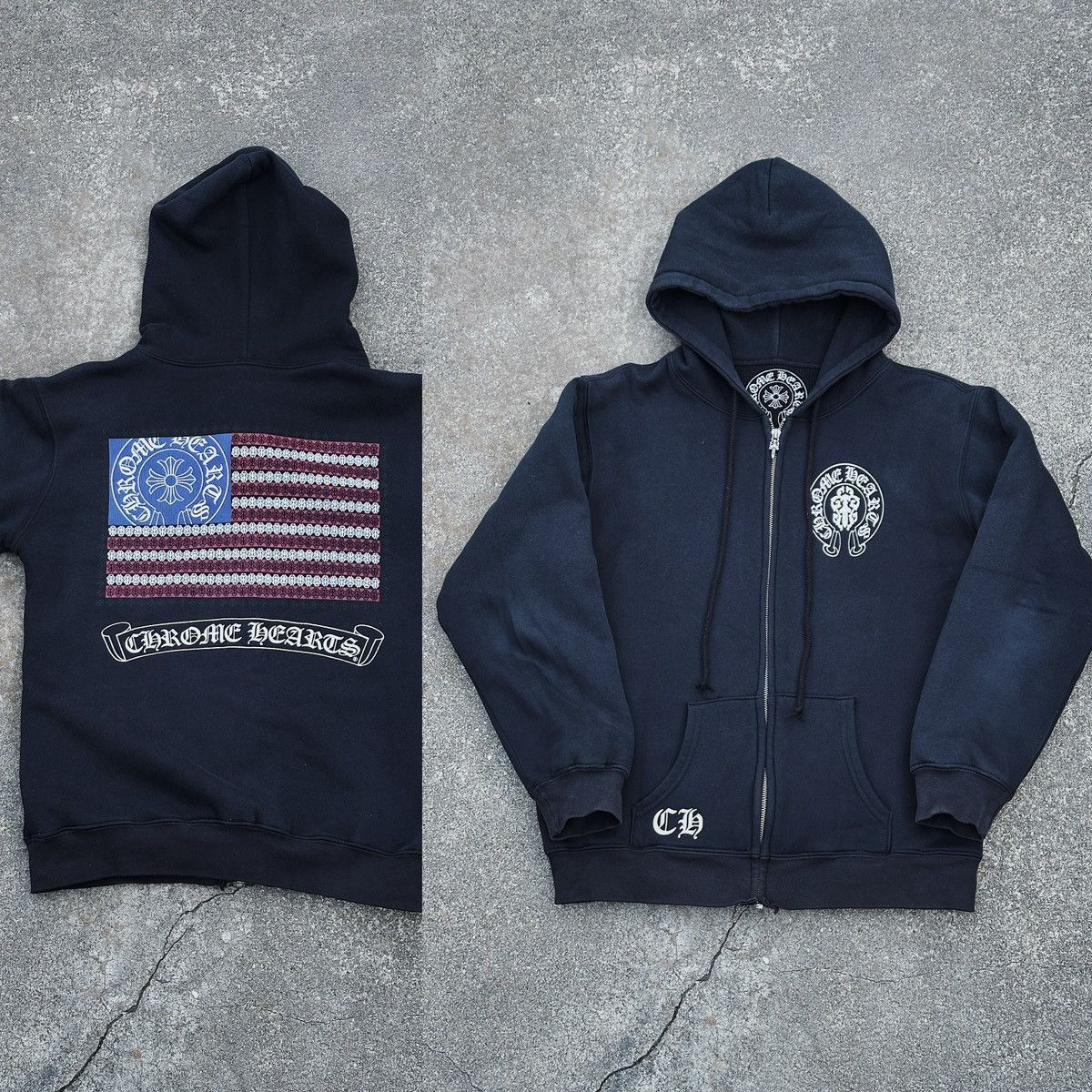Pre-owned Chrome Hearts X Vintage + Ch Grail “americhrome” Vintage Zip Up + In Black/white/blue