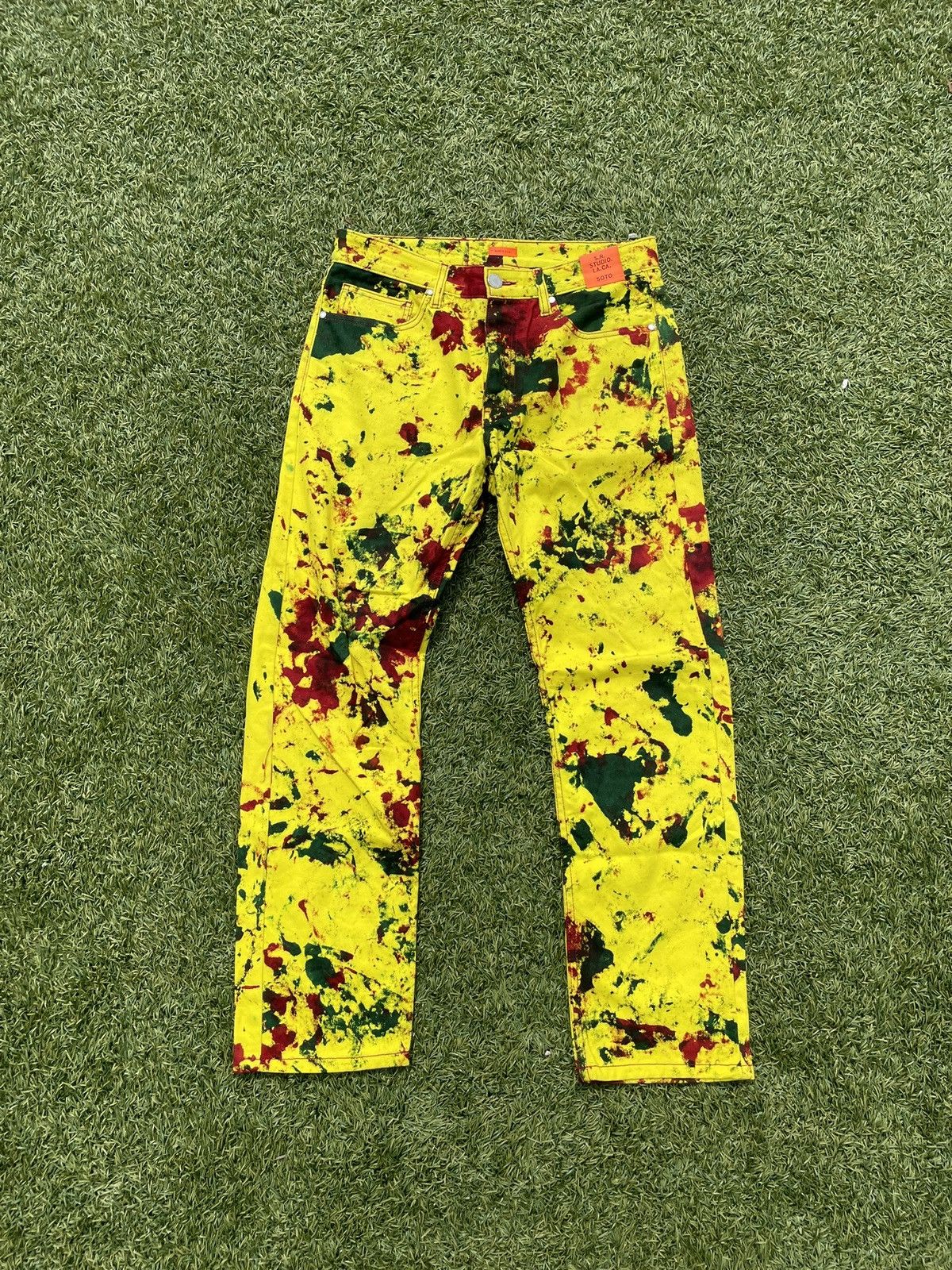 SS20 S.R. Studio Yellow Hand Dyed Paint Splatter Soto Denim