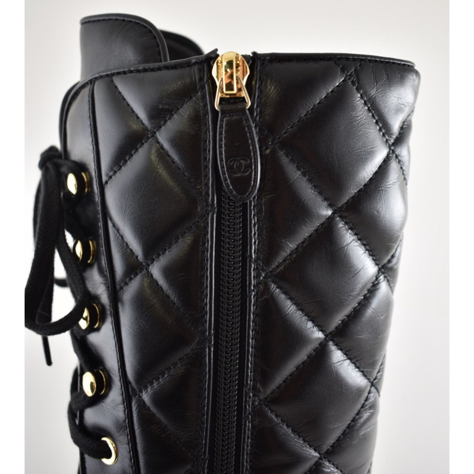Chanel Chanel Black Quilted Leather Combat Lace Up Tall Boots 38.5 Size US 8.5 / IT 38.5 - 14 Thumbnail