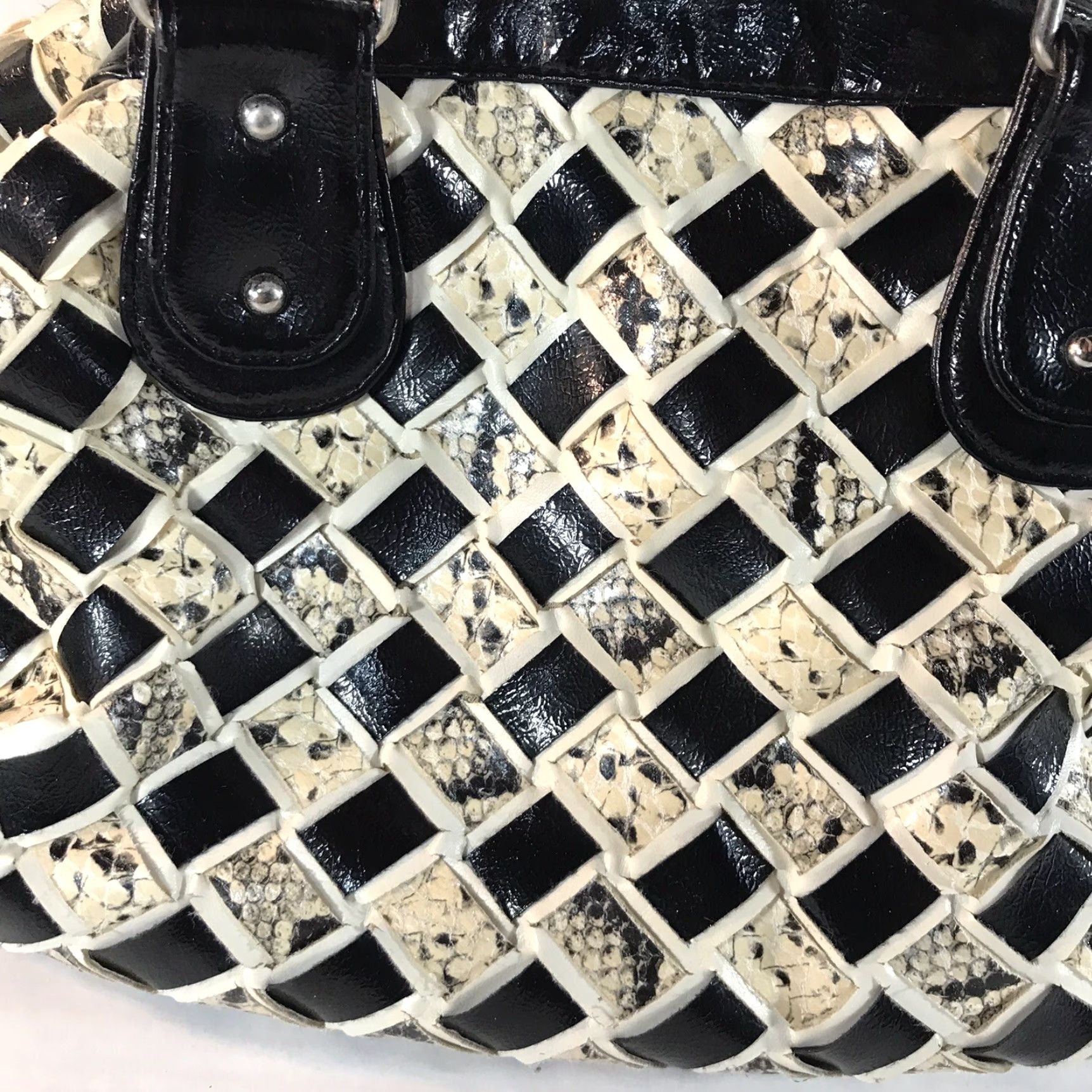 Aldo Aldo Women's Large Faux Leather Satchel Bag Croc Embossed Basket Weave, Black/Beige, Business Casual Travel Size ONE SIZE - 3 Thumbnail