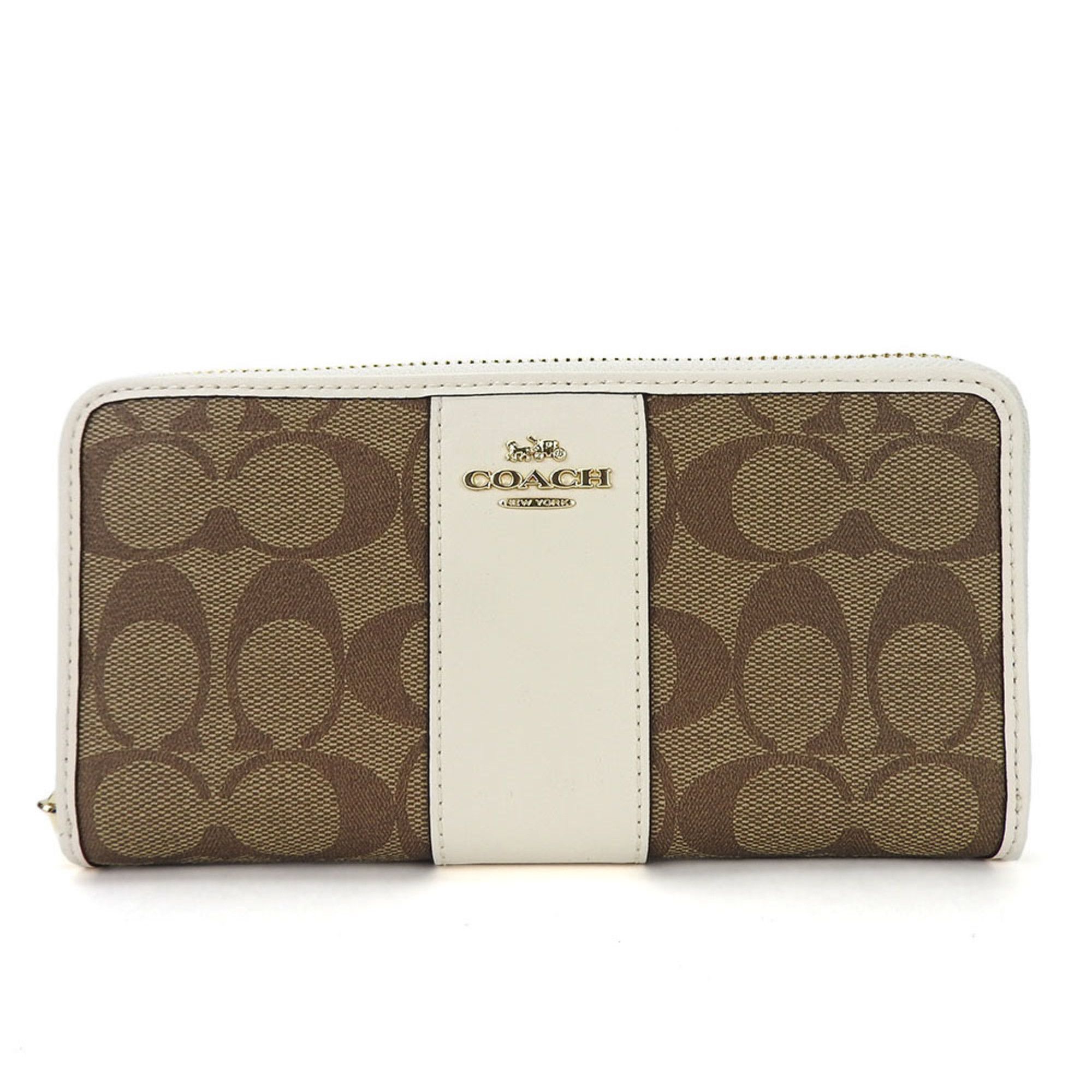 image of Coach Long Wallet Round Zip Zippy Signature Pvc F54630 Khaki Chalk Leather Ladies Coach Around, Wom