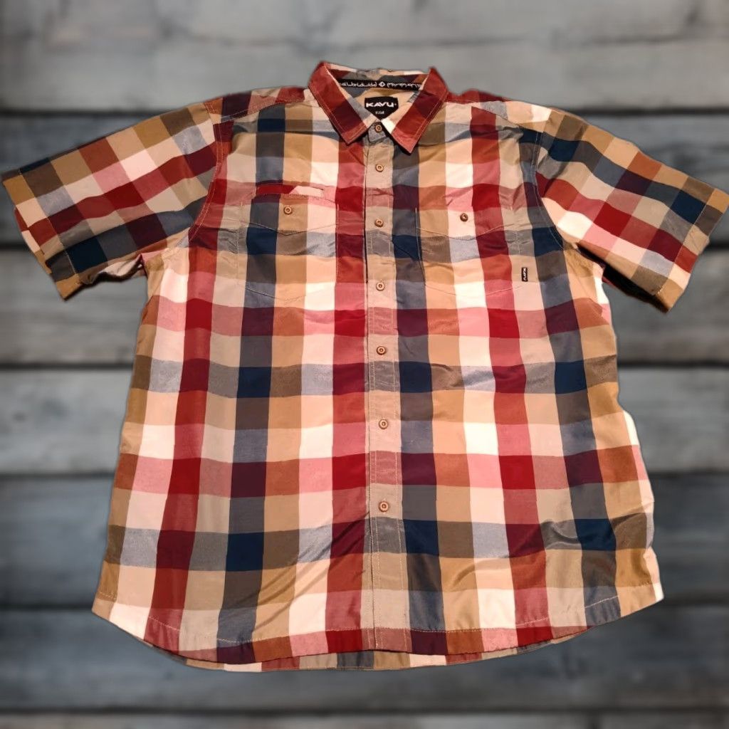 KAVU KAVU Park Lane Button-Up Shirt Men’s XL Short Sleeve Plaid Multicolor Polyester Knit Regular Size US XL / EU 56 / 4 - 1 Thumbnail