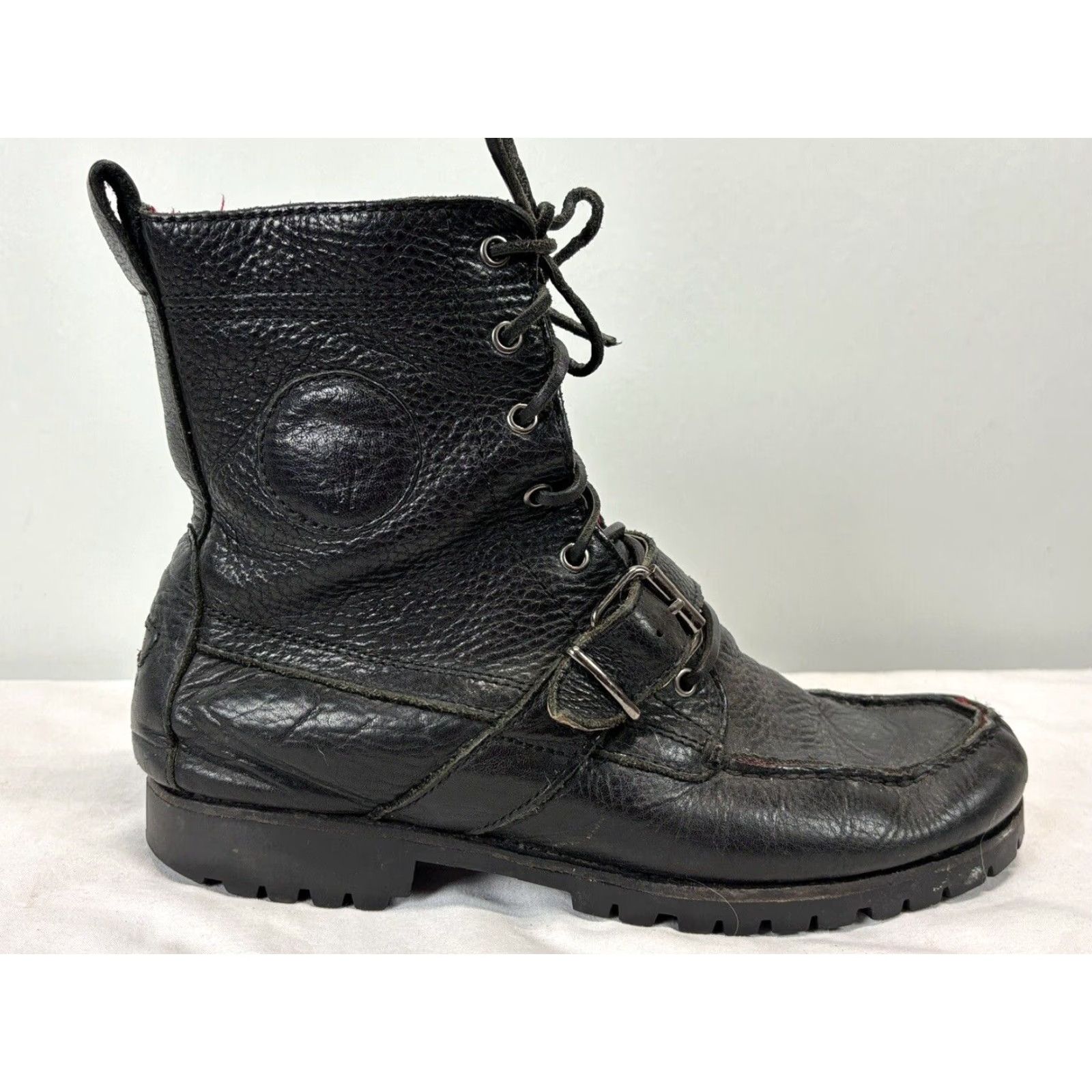 Polo Ralph Lauren VINTAGE? Men’s Polo Ralph Lauren Ranger Pebbled Leather Boots 9 Black GUC Buckle Lace Up Size US M / EU 48-50 / 2 - 2 Thumbnail