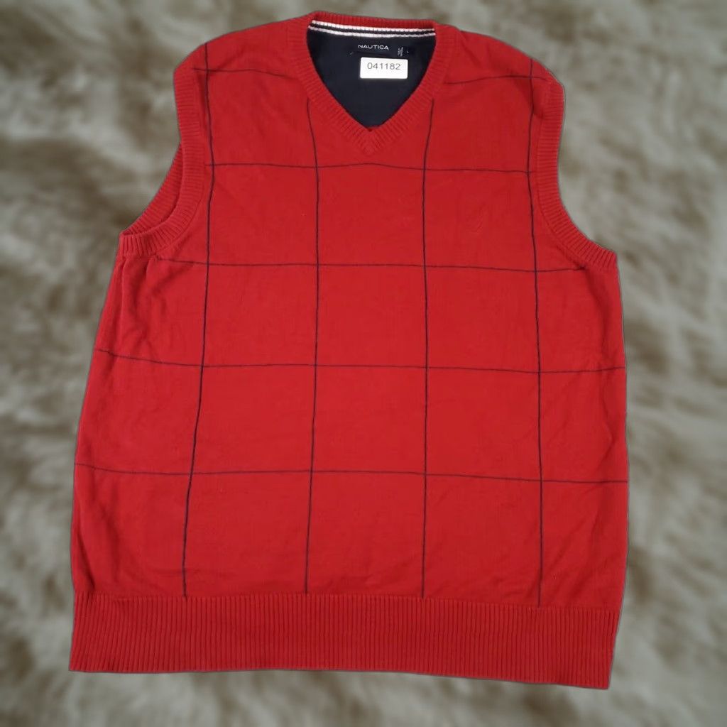 Nautica Nautica Mens Large Red Check V Neck Pullover Sweater Vest Casual Size US L / EU 52-54 / 3 - 1 Thumbnail