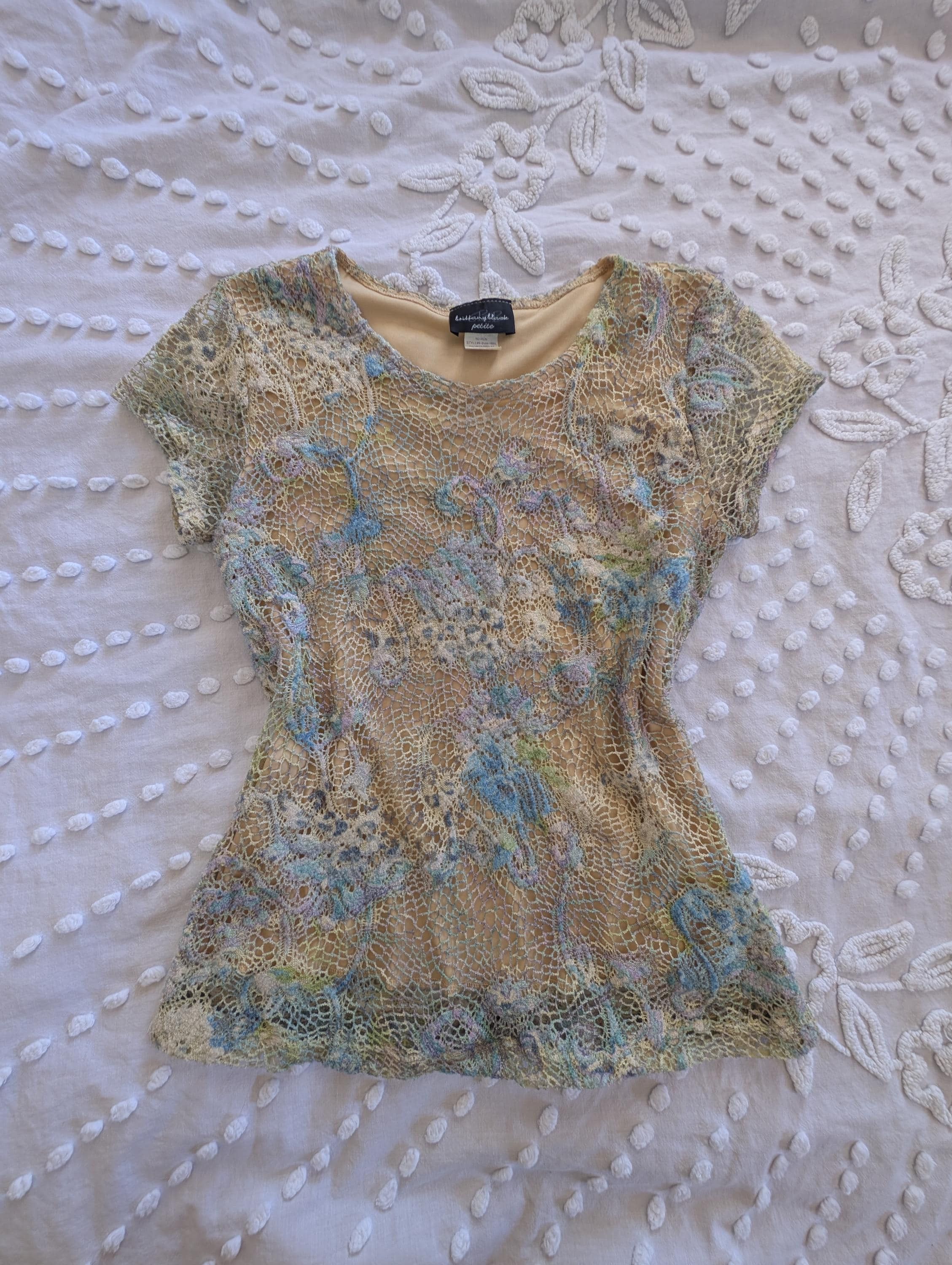 Vintage Y2K Crochet Lace Knit Top, 2000s Fitted Paisley Leopard Mesh Size M / US 6-8 / IT 42-44 - 6 Thumbnail