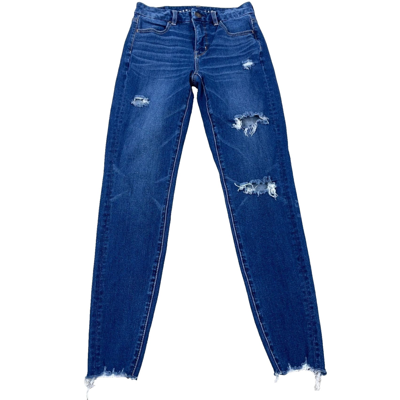 American Eagle Outfitters American Eagle Outfitters Jeans Women 0 Jegging High Rise Stretch Dark Wash Distressed 5-Pocket Denim Blue 28 in Inseam Mens? Size 25" / US 0 / IT 36 - 2 Thumbnail