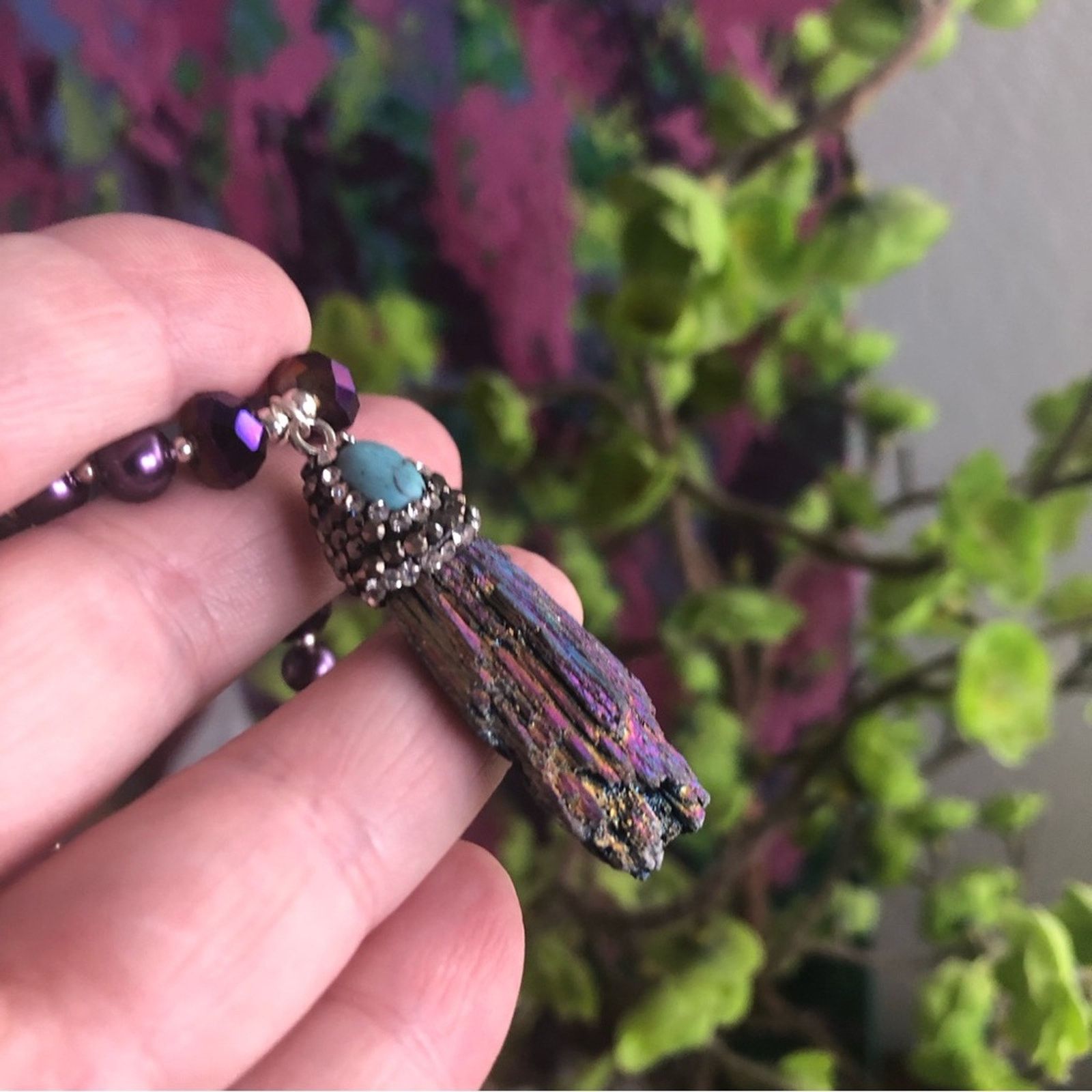 Handcrafted peacock tail tourmaline turquoise Pearl necklace