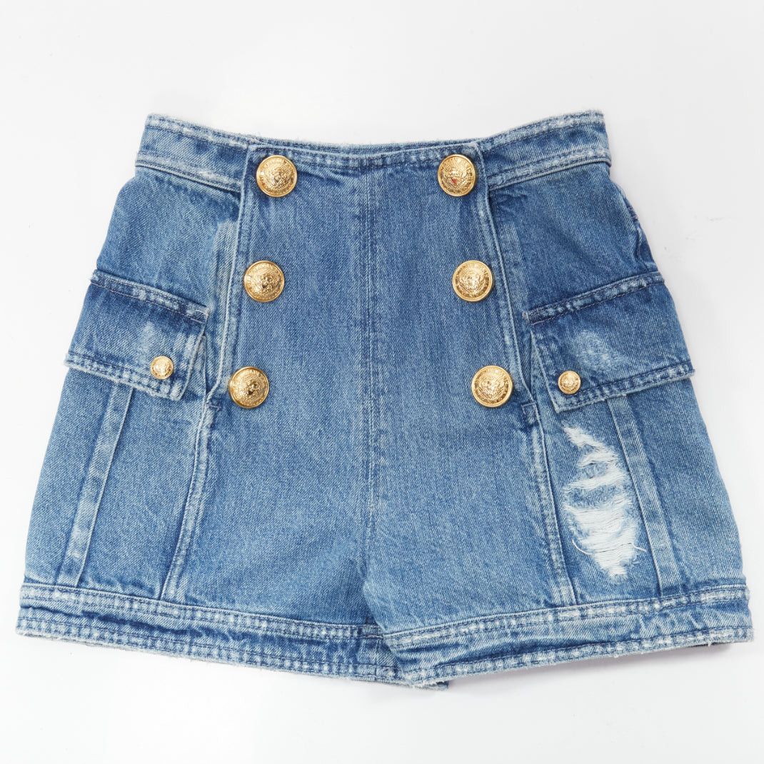 Balmain BALMAIN blue distressed denim gold buttons high waisted cargo shorts FR34 XS Size 26" / US 2 / IT 38 - 1 Thumbnail
