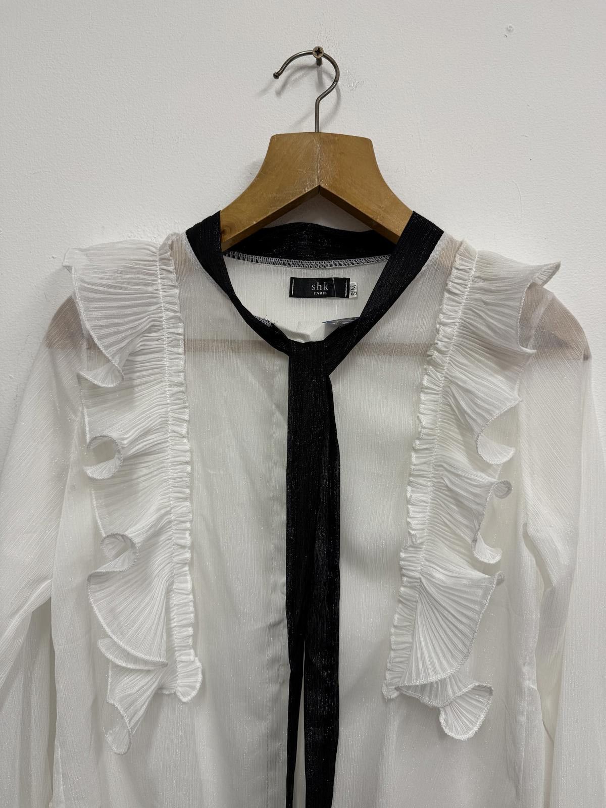 Other Women's White Sheer Ruffle Blouse with Black Tie Detail Size S / US 4 / IT 40 - 3 Thumbnail
