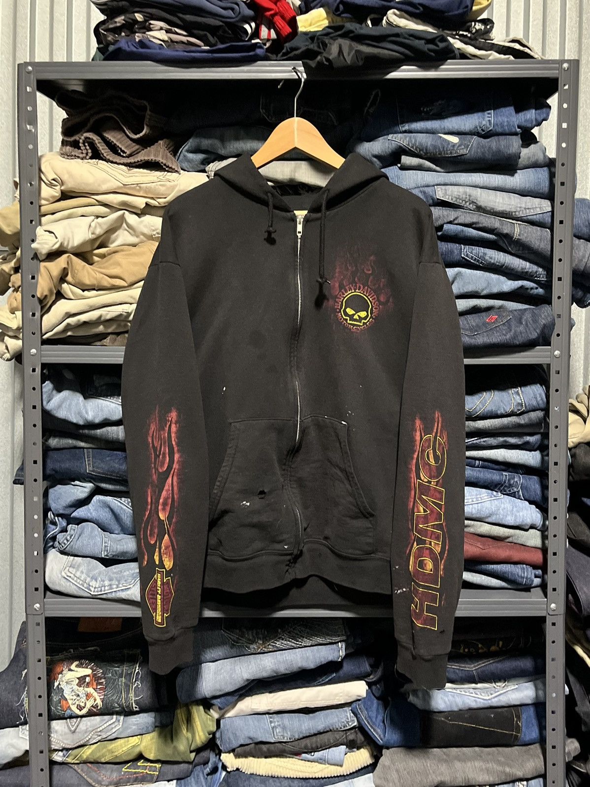 Harley Davidson × Vintage CRAZY Y2K HARLEY DAVIDSON FLAMES SKULL GRUNGE ZIP-UP HOODIE Size US L / EU 52-54 / 3 - 1 Thumbnail