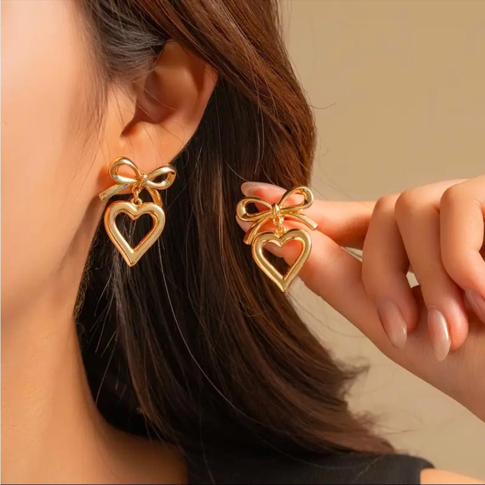 Designer Stainless Steel Bow and Heart Earrings 18K Gold Plated Studs Size ONE SIZE - 3 Thumbnail