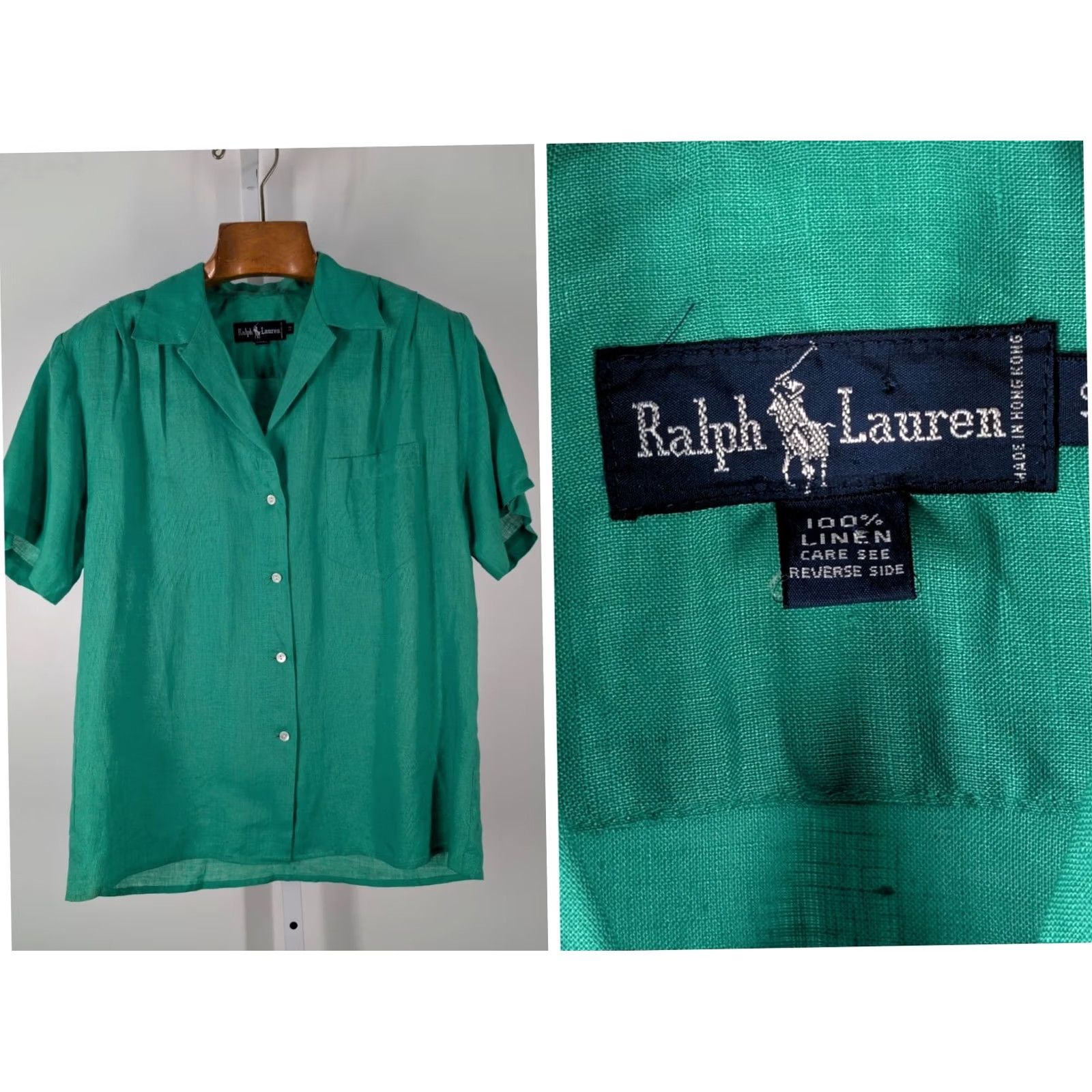 Atomic VINTAGE Ralph Lauren Boho Shirt Womens 80s 90s Linen Green Loopneck Button-Up 12 Size XL / US 12-14 / IT 48-50 - 2 Thumbnail