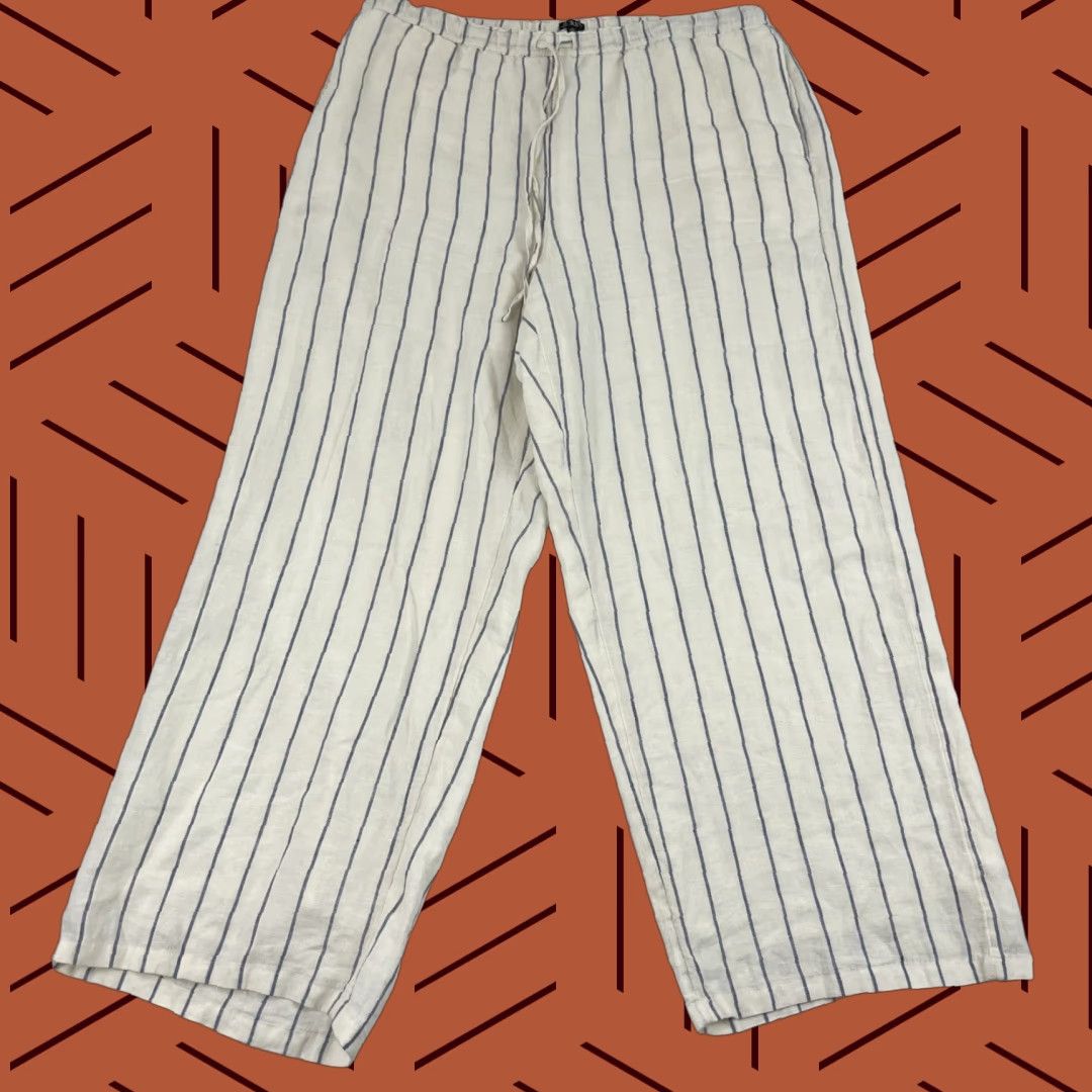 J.Crew J. Crew Soleil Pants Womens XL Ivory White Striped Linen Wide Leg Lined Elastic Size 40" / US 18 - 1 Thumbnail