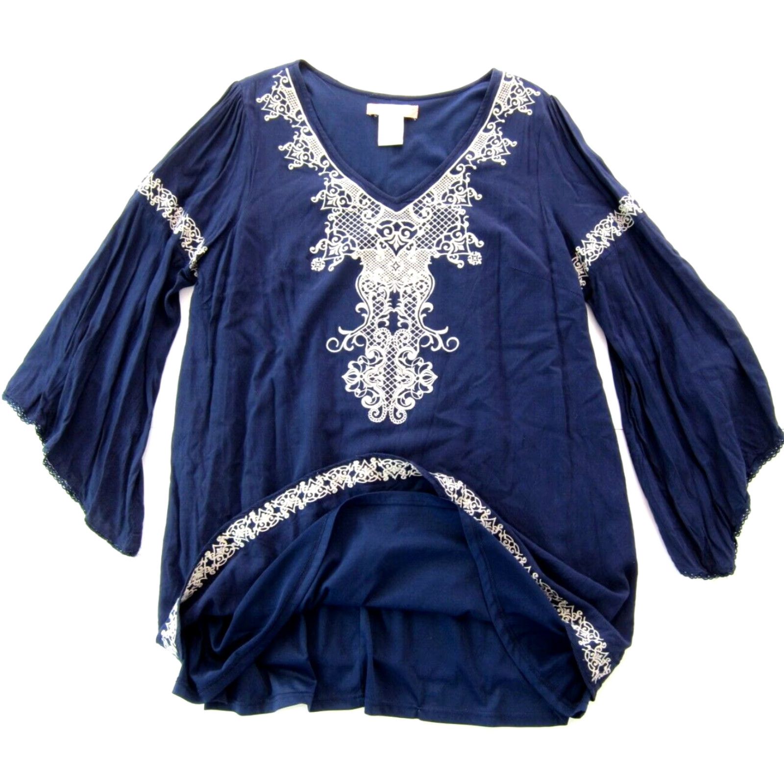 Vintage VINTAGE Flying Tomato 100% Rayon Navy Blue Ivory Embroidered Long Sleeve Tunic Dress 1X Size XL / US 12-14 / IT 48-50 - 5 Thumbnail