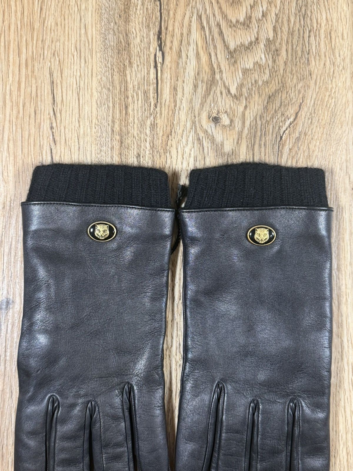 Gucci Gucci Tiger Head Nappa Leather & Cashmere Gloves – Black Size ONE SIZE - 4 Thumbnail