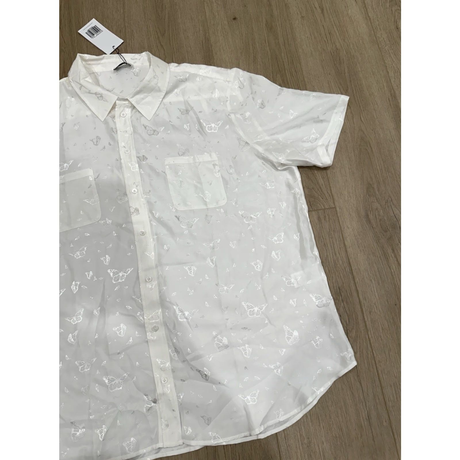 Silk Laundry NWT Silk Laundry Boyfriend Shirt XL White Silk Short Sleeve Monarch Jacquard Size XL / US 12-14 / IT 48-50 - 2 Thumbnail