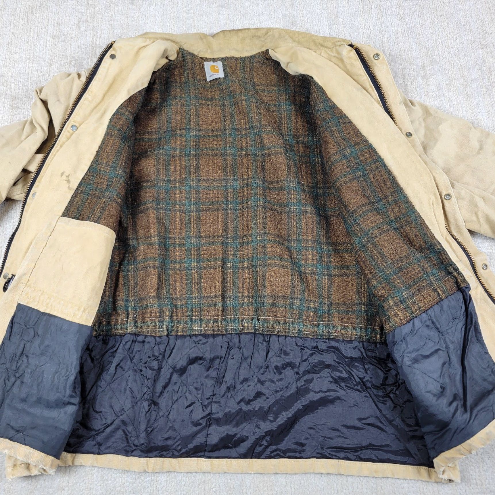 Carhartt VINTAGE Carhartt Jacket Mens 2XL Beige Distressed Full Zip Wool Lined USA Jacket Size US XXL / EU 58 / 5 - 3 Thumbnail