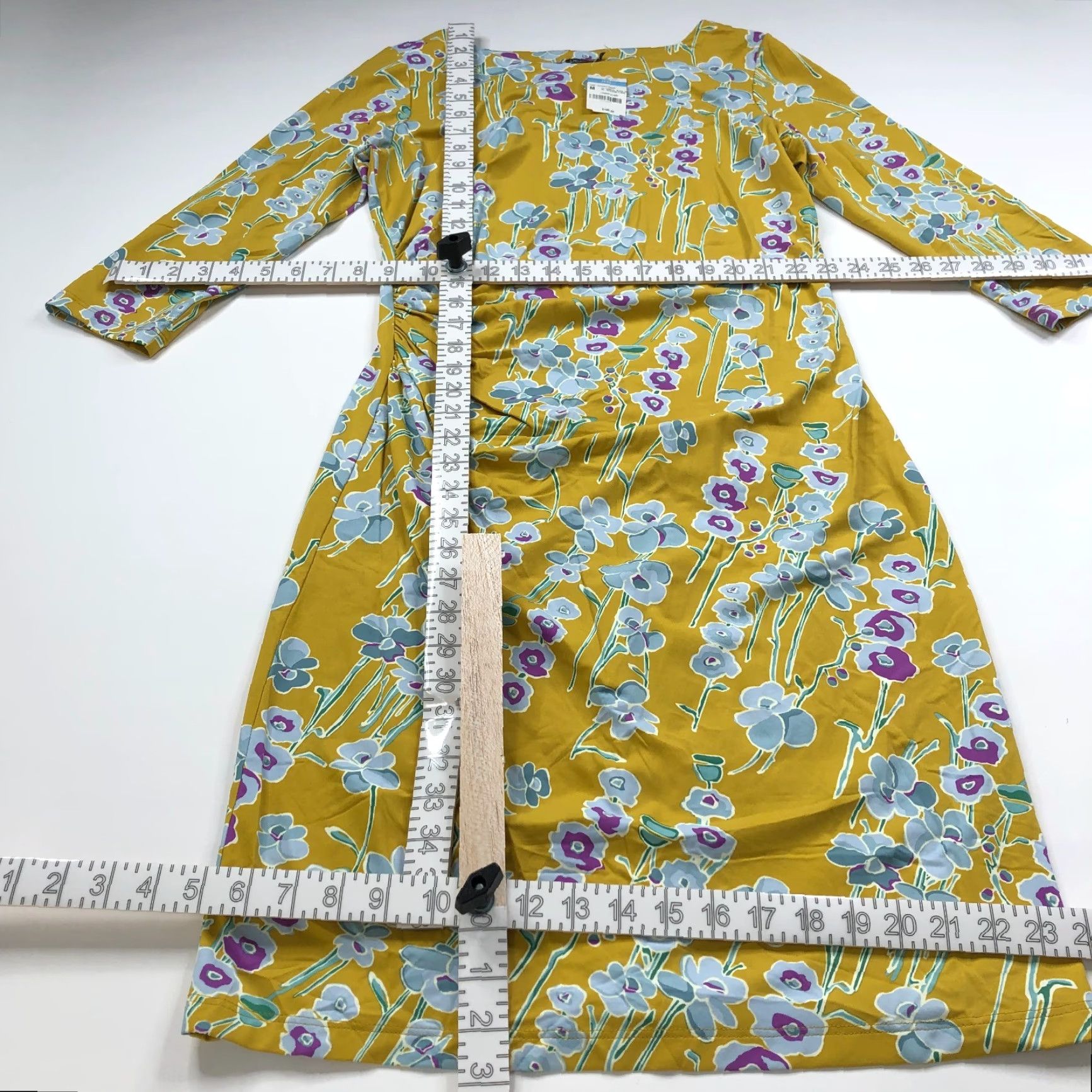 J.McLaughlin J. McLaughlin Dress - NEW MED A-Line Sheath Nylon Ruched Knee Floral Dark Yellow Women's Midi Knee Floral Yellow Dress Size M / US 6-8 / IT 42-44 - 3 Thumbnail