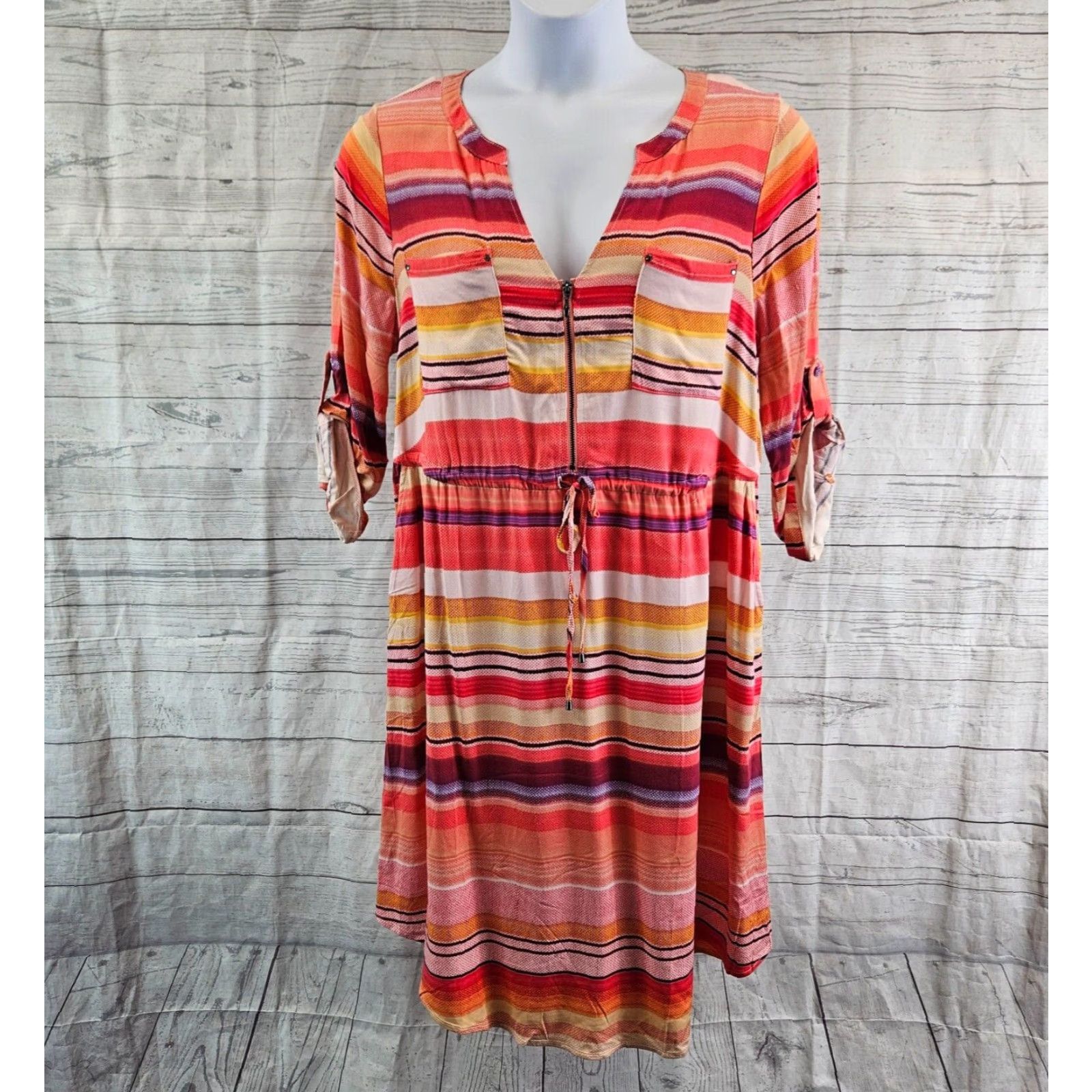 Torrid Torrid Shirt Dress Zip Front Women Pink Purple Striped Mini Challis Rayon Spandex Knee Length Size 1 Size XS / US 0-2 / IT 36-38 - 2 Thumbnail