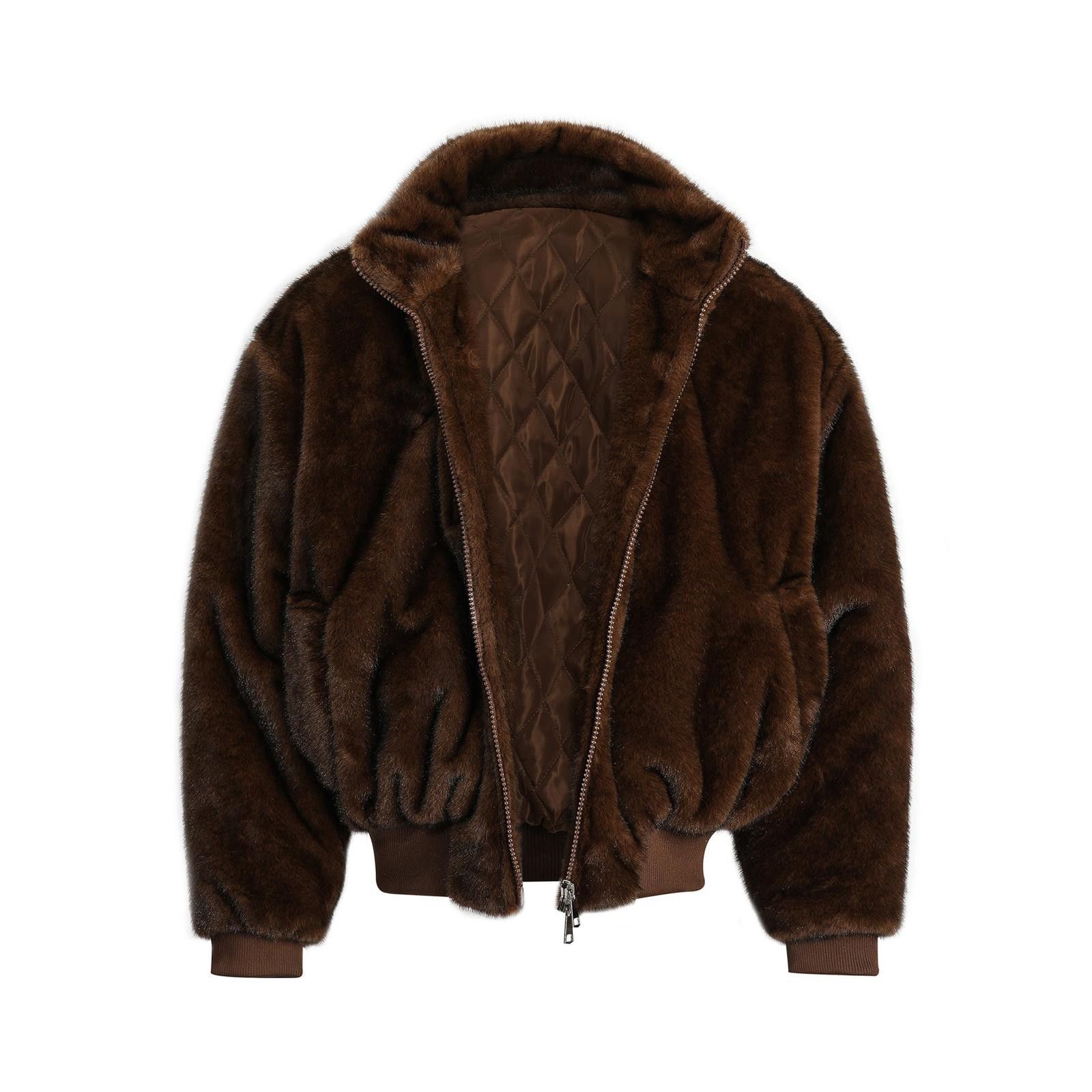 Japanese Brand Brown Faux Fur Bomber Jacket, Quilted Lined Outerwear Size US M / EU 48-50 / 2 - 2 Thumbnail