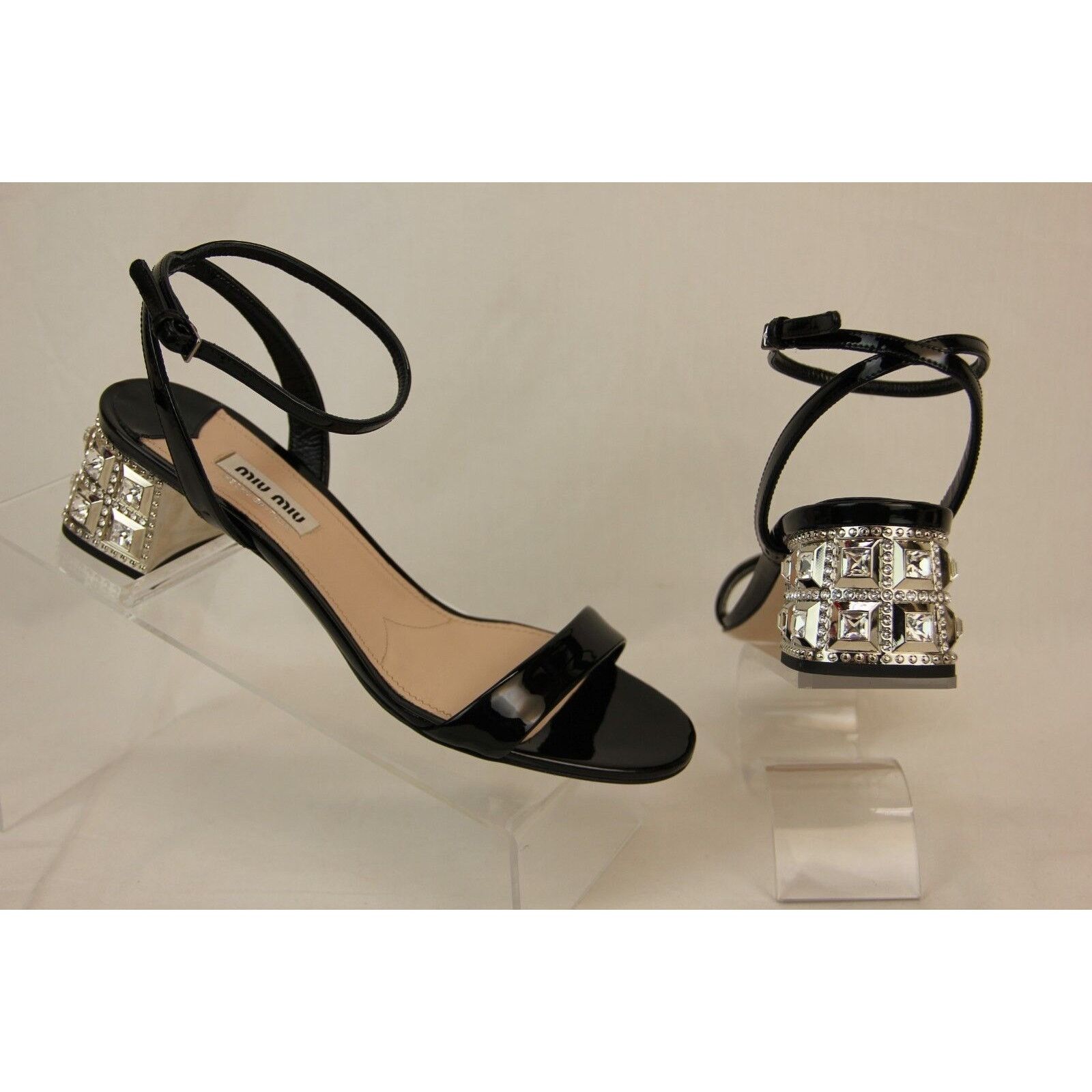 Miu Miu BLACK PATENT LEATHER CRYSTALS JEWELED HEEL SANDALS 39.5 Size US 9.5 / IT 39.5 - 12 Thumbnail