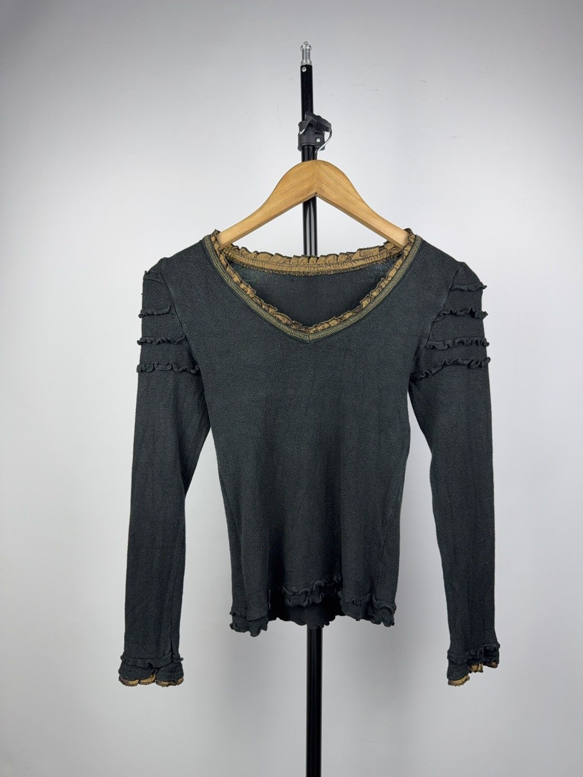 Japanese Brand Vintage Gothic Ruffle Trim Black Sheer Long Sleeve Top Size S / US 4 / IT 40 - 1 Thumbnail