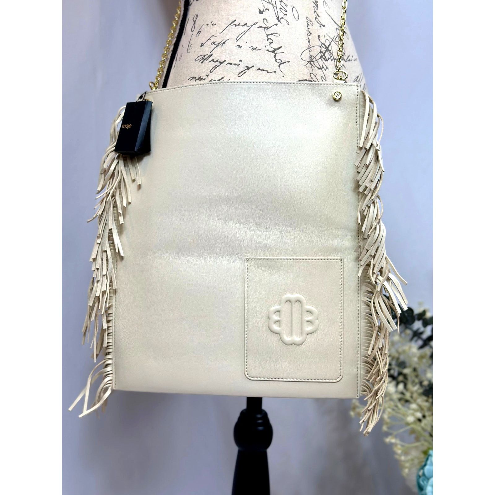 Maje Maje Clover Fringed Leather Bag Vanilla Ecru 14.5" x 12" Size ONE SIZE - 8 Thumbnail