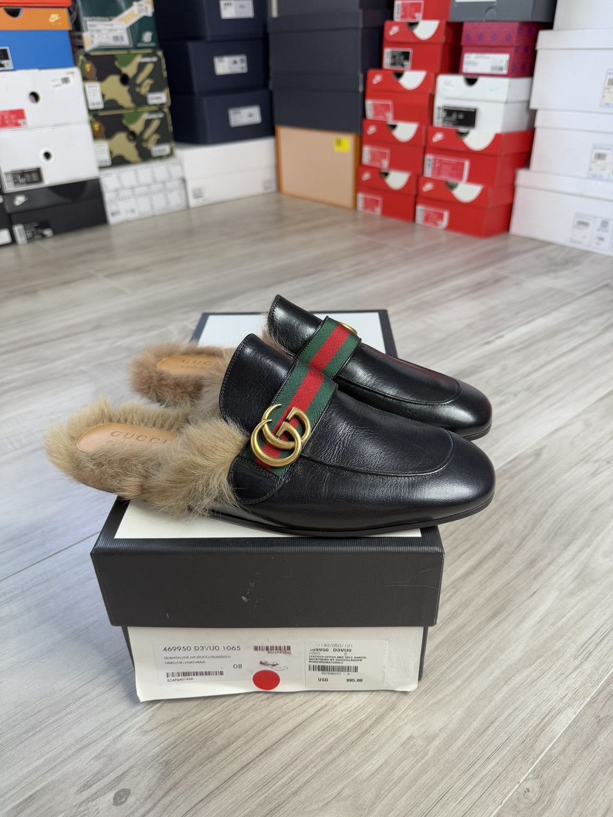 Gucci Black Leather Double G Fur Princetown Mules Size US 8 / EU 41 - 1 Thumbnail