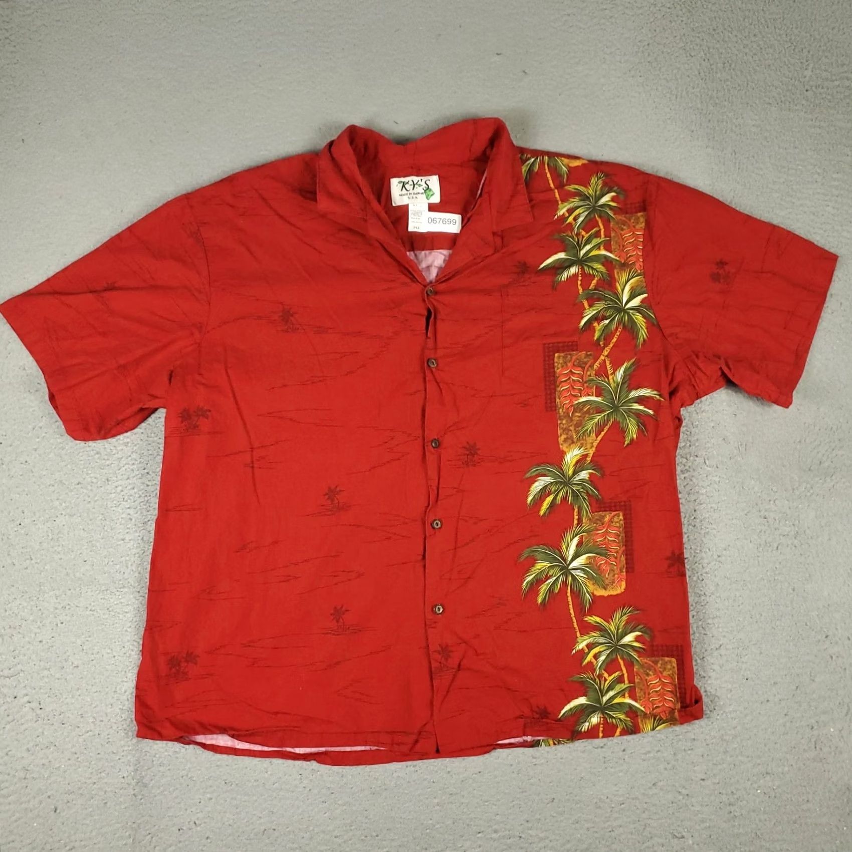 Vintage Ky's Shirt Mens 3XL Red Palm Tree Print Hawaiian Button Up Short Sleeve Shirt Size US XXL / EU 58 / 5 - 2 Thumbnail