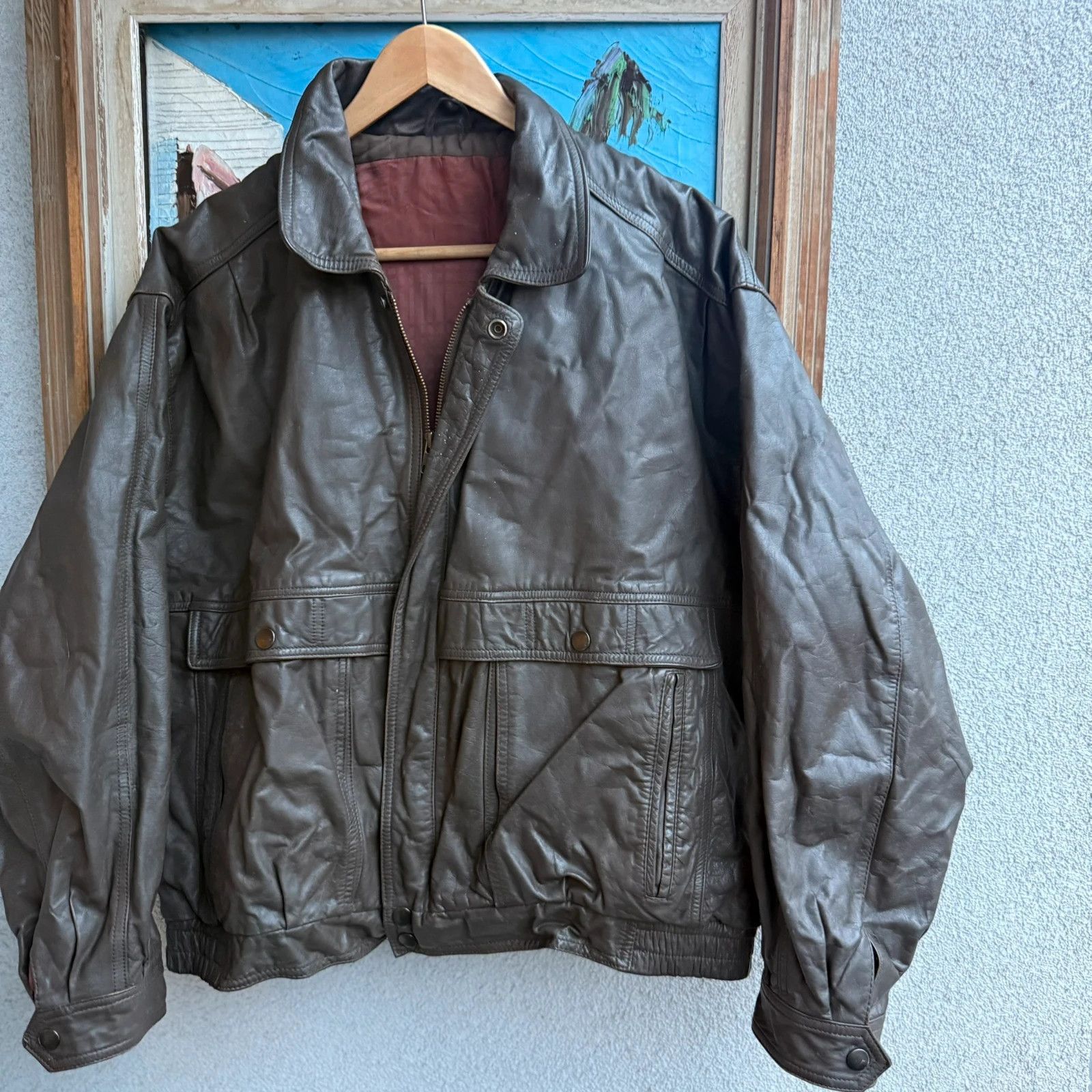 Vintage Vintage 90s Real Leather Boxy Jacket Brown Size US L / EU 52-54 / 3 - 4 Thumbnail