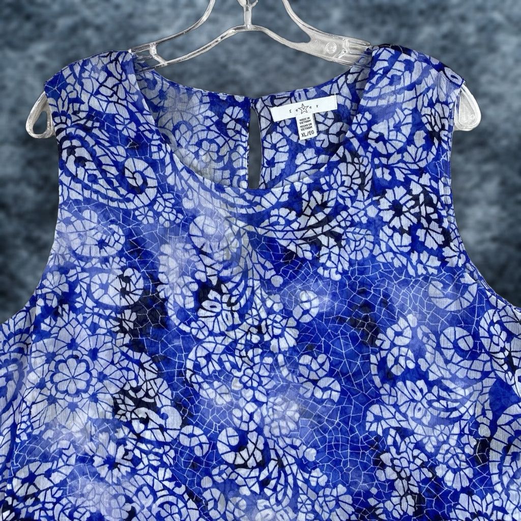 Vintage Fever Clothing Co Blouse Women's XL Sleeveless Floral Paisley Blue Geometric Chiffon Keyhole Neck Tunic Casual Caprice Style - 90s? Size XL / US 12-14 / IT 48-50 - 1 Thumbnail