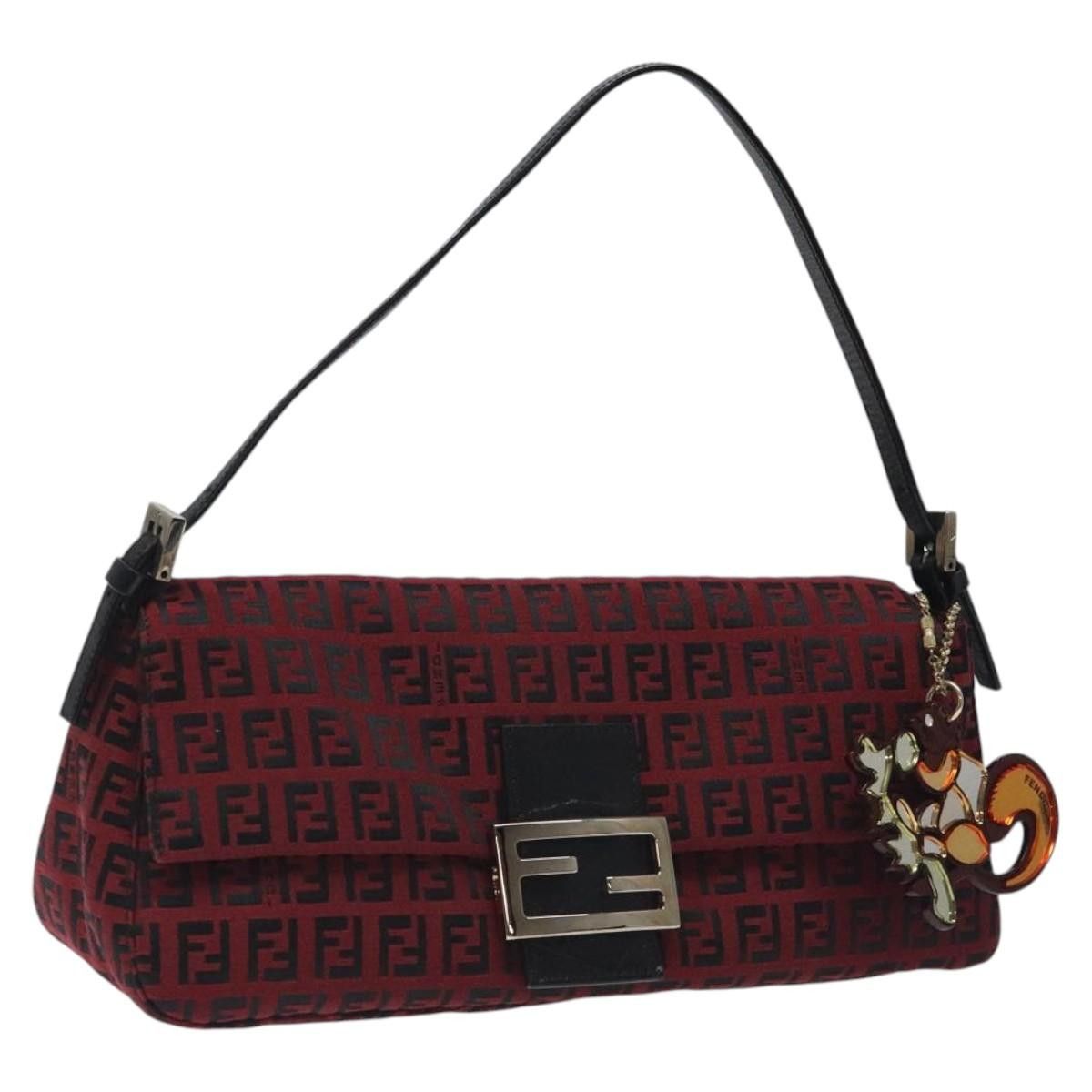 Fendi Zucchino Canvas Mamma Baguette Shoulder Bag Red Auth Bd1192, Women's