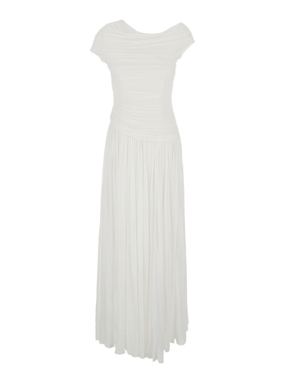 'Rhiannon' White One-Shoulder Midi Dress with Gathered Bodice and Pleated Skirt in Tech Fabric Woman