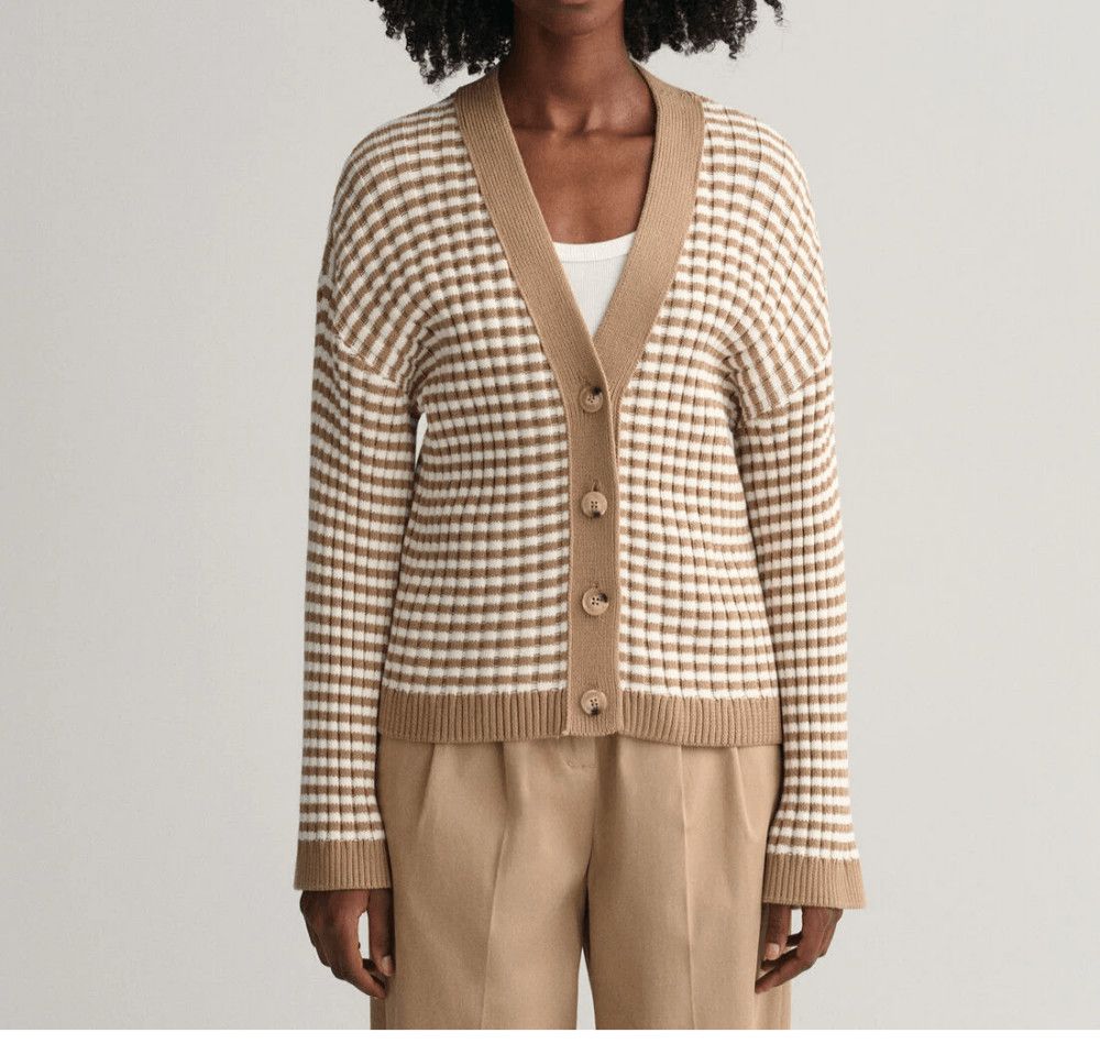 Gant Gant Cotton Rib V-Neck Cardigan Stripe Khaki / Off White XXL Size XXL / US 16-18 / IT 52-54 - 2 Thumbnail