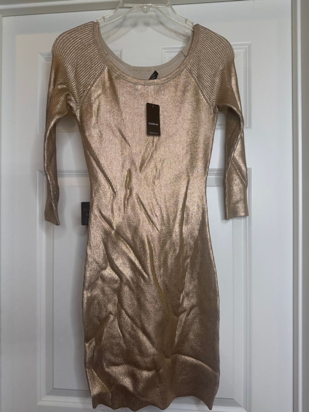 Bebe NWT Bebe boat neck foiled Bodycon Dress in Metallic sz Sm Size S / US 4 / IT 40 - 2 Thumbnail