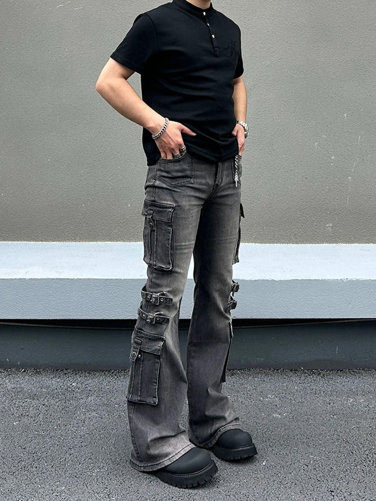 Japanese Brand Flared Cargo Jeans with Buckle Straps Size US 30 / EU 46 - 2 Thumbnail