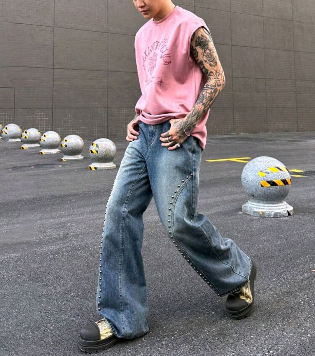Jean Vintage Street Style Retro Washed Metal Stud Flared Jeans Size US 30 / EU 46 - 5 Thumbnail