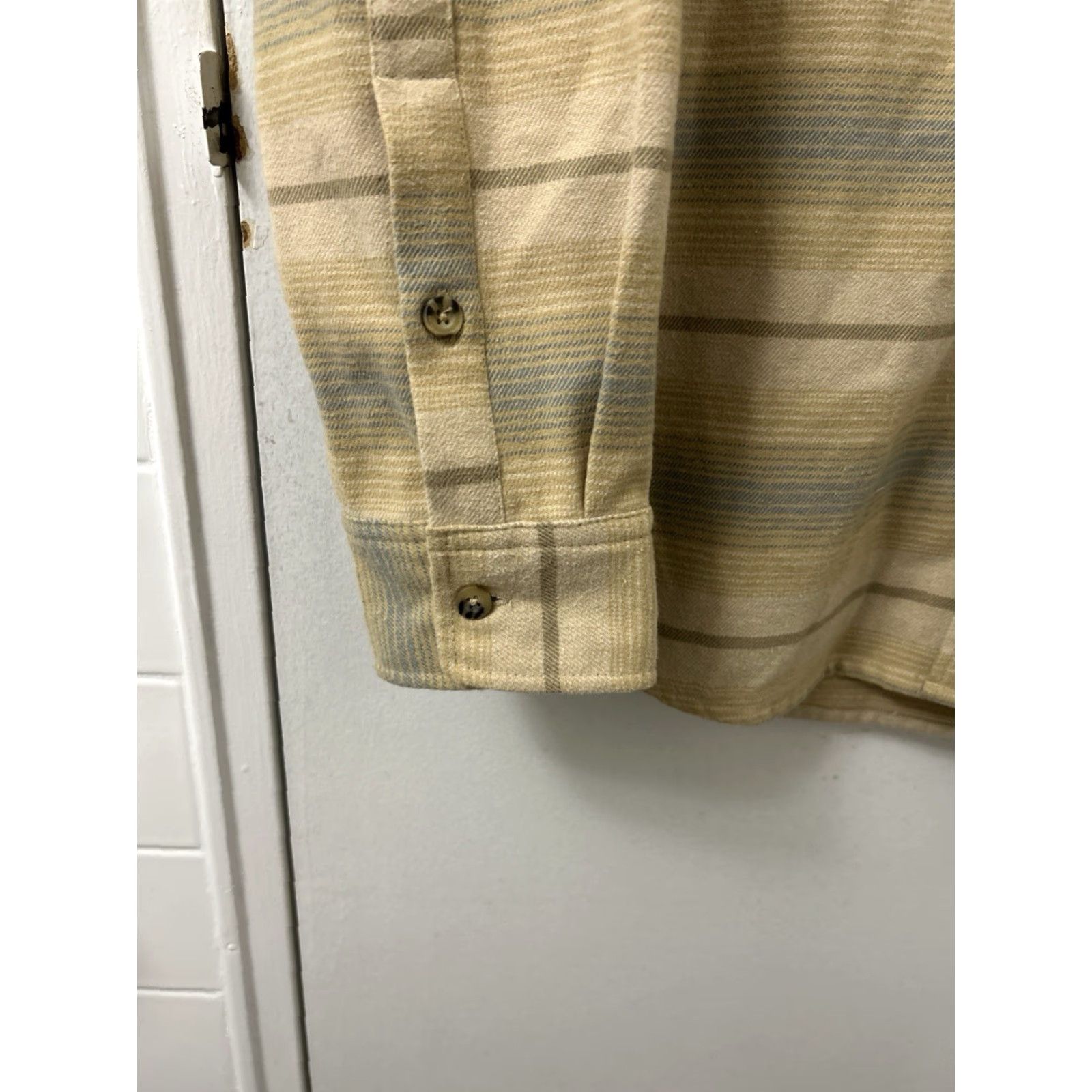 Vintage Levitate Shirt Mens M Tan Blue Striped Flannel Button-Down L/S Organic Cotton Recycled Polyester Pocket Embroidered Vintage: No Size US M / EU 48-50 / 2 - 7 Thumbnail