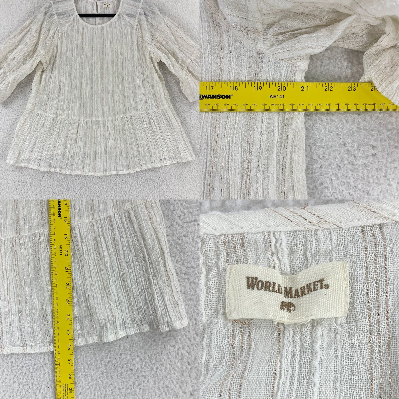 Vintage World Market Womens Medium Ivory Gold Metallic Peasant Shirt 3/4 Sleeve Pullover Size M / US 6-8 / IT 42-44 - 8 Thumbnail