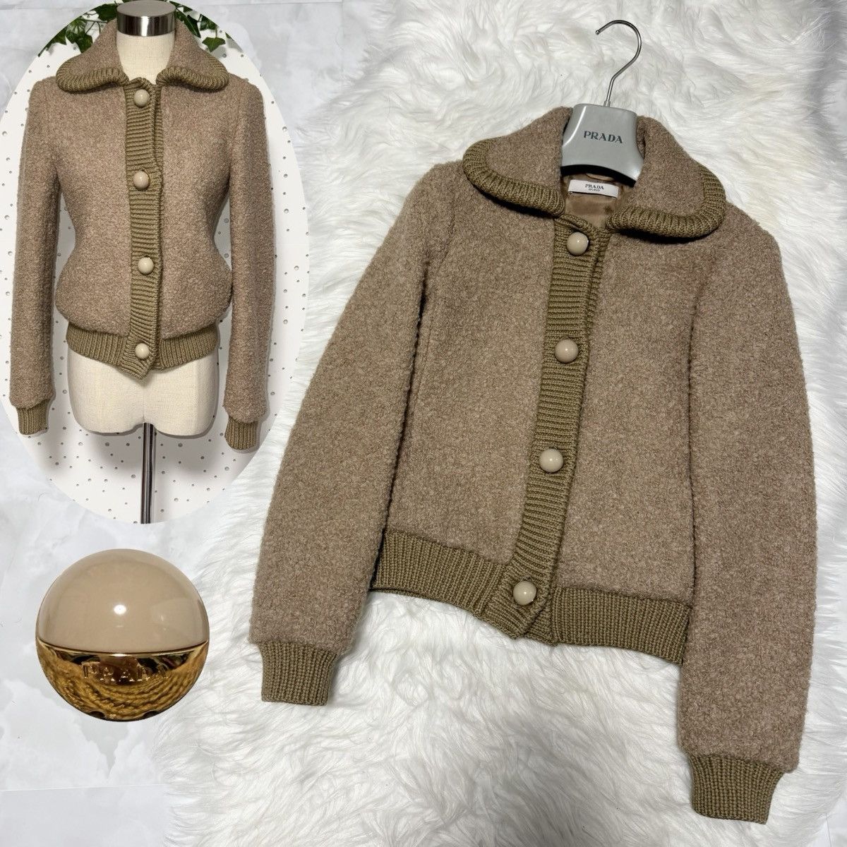 Prada Genuine Prada ribbed trim ball button knit jacket 36 beige Size XS / US 0-2 / IT 36-38 - 1 Thumbnail