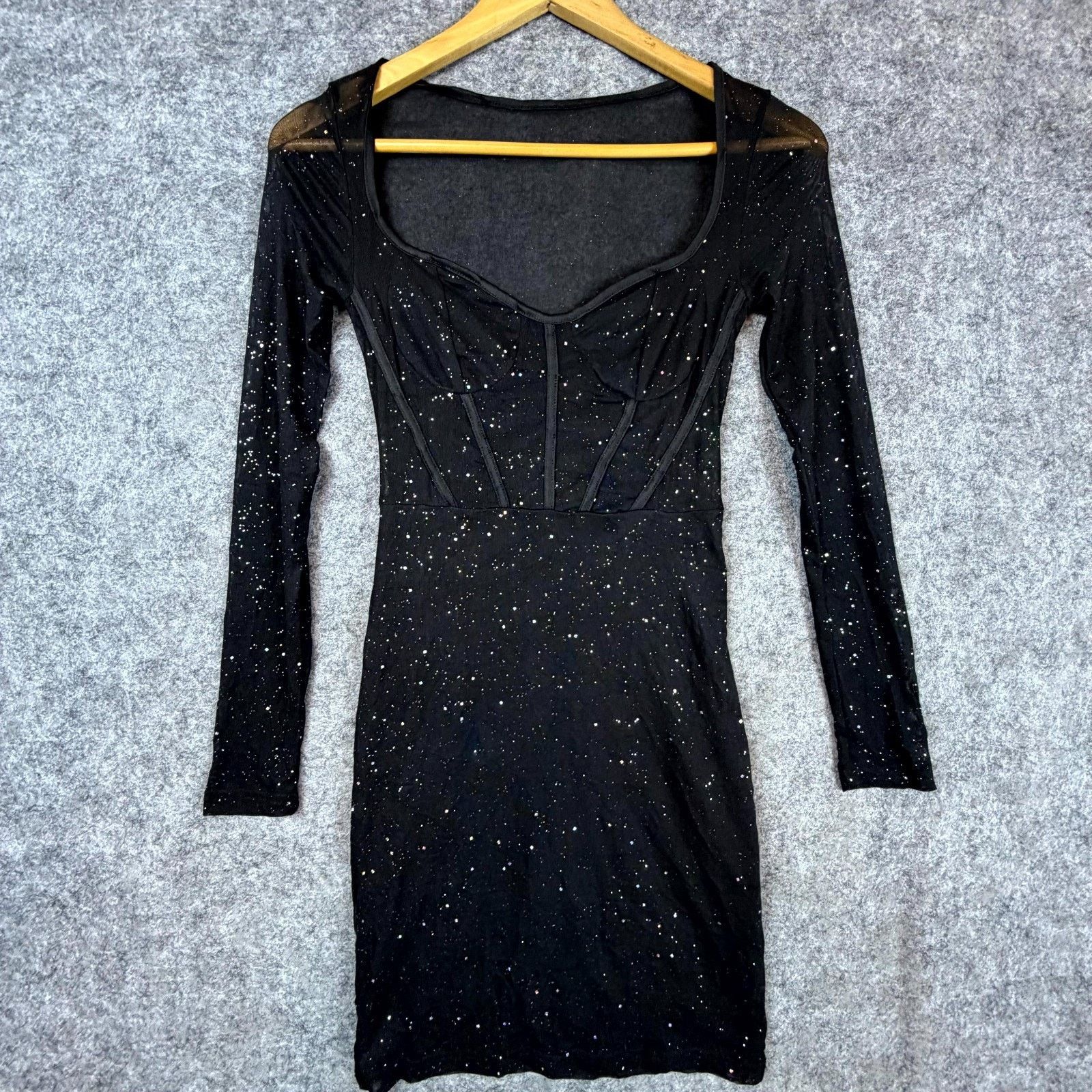 Shein Bling Bodycon Dress Women 2 Black Sparkle Sheer Corset NYE Size XS / US 0-2 / IT 36-38 - 1 Thumbnail