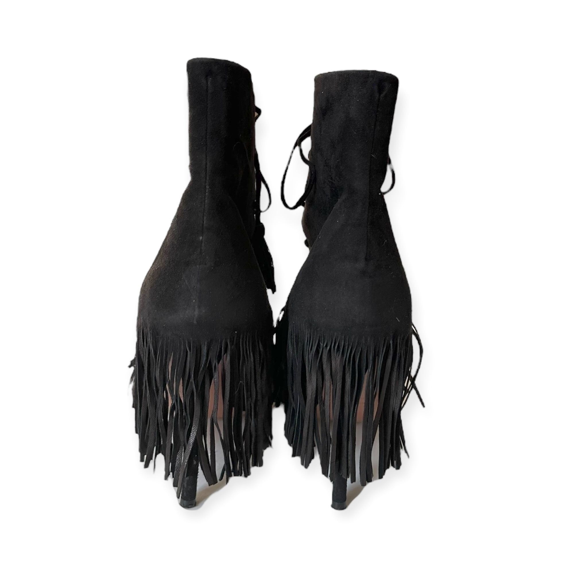 Aquazzura AQUAZZURA Mustang 105 Fringe Heeled Ankle Boots In Black Sue Size US 7 / IT 37 - 8 Thumbnail