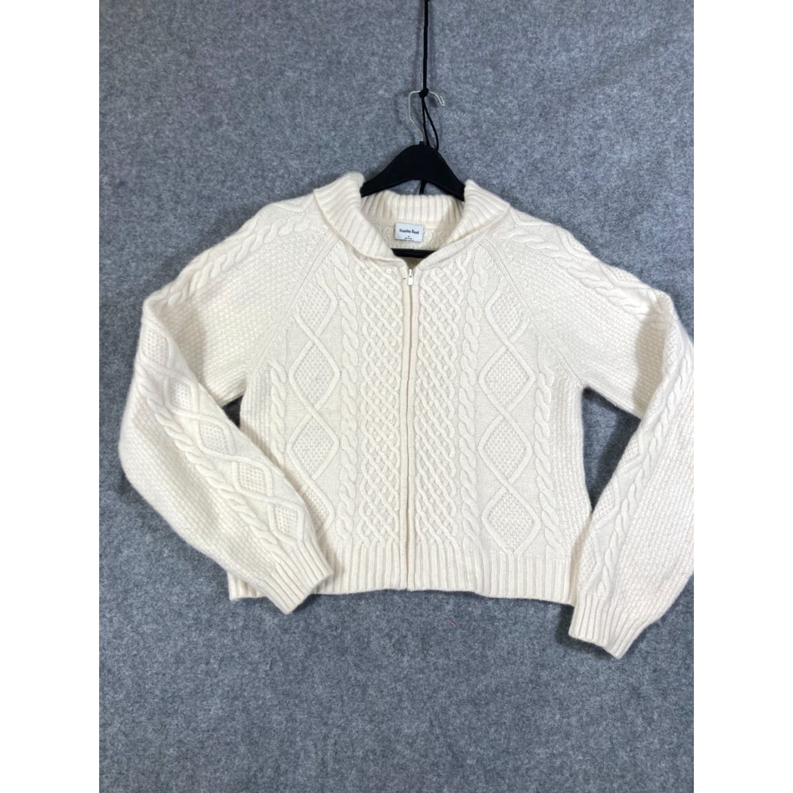 Vintage Sunday Best Crop Sweater Womens M Ivory Wool Blend Full Zip Raglan Sleeve Knit Long Sleeve Knit Size M / US 6-8 / IT 42-44 - 3 Thumbnail