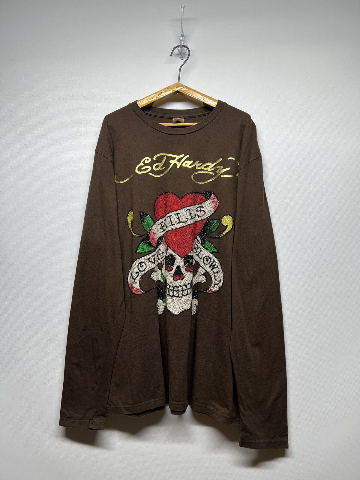 image of Christian Audigier x Ed Hardy Vintage Y2K Ed Hardy Brown Skull Crazy Long Sleeve 00’S (Size Large)